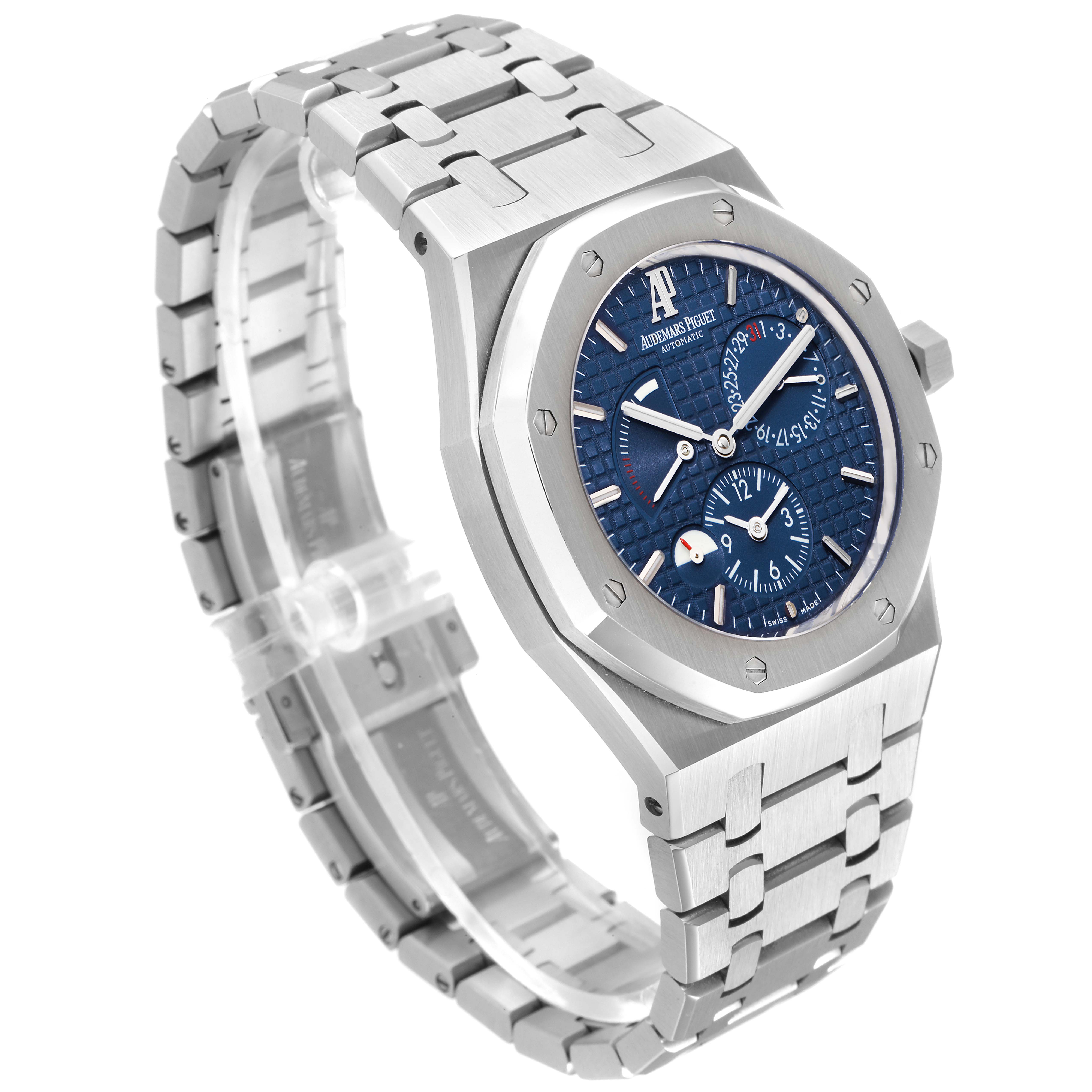 This image shows a Royal Oak model by Audemars Piguet from a three-quarter angle, highlighting the watch's face, bracelet, and bezel.