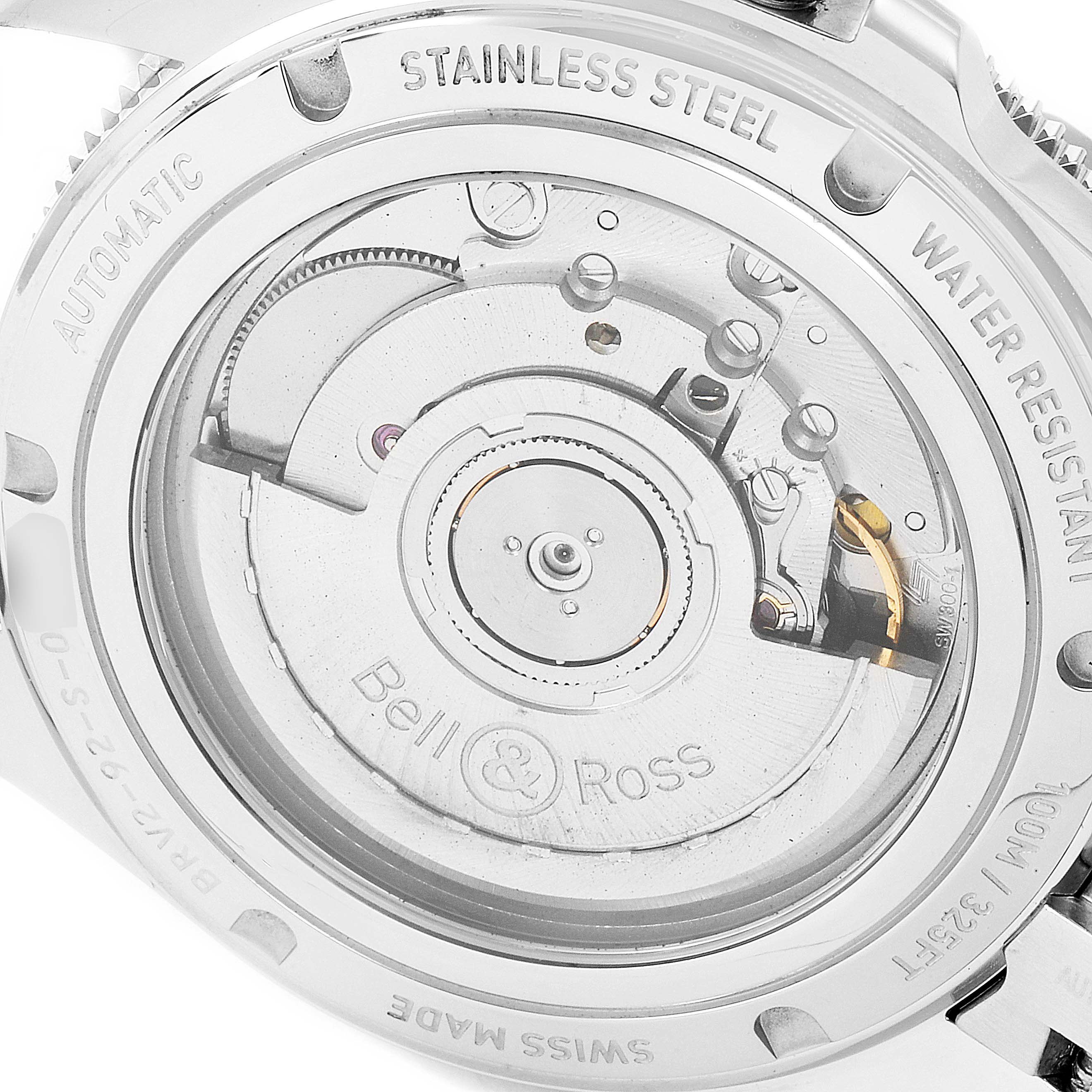 This image shows the back view of the Bell & Ross Heritage BRV292-BU-G-ST/SST Men's Stainless Steel Blue Dial BRV292-BU-G-ST/SST Men's Stainless Steel Blue Dial model watch, highlighting the automatic movement and the stainless steel case.