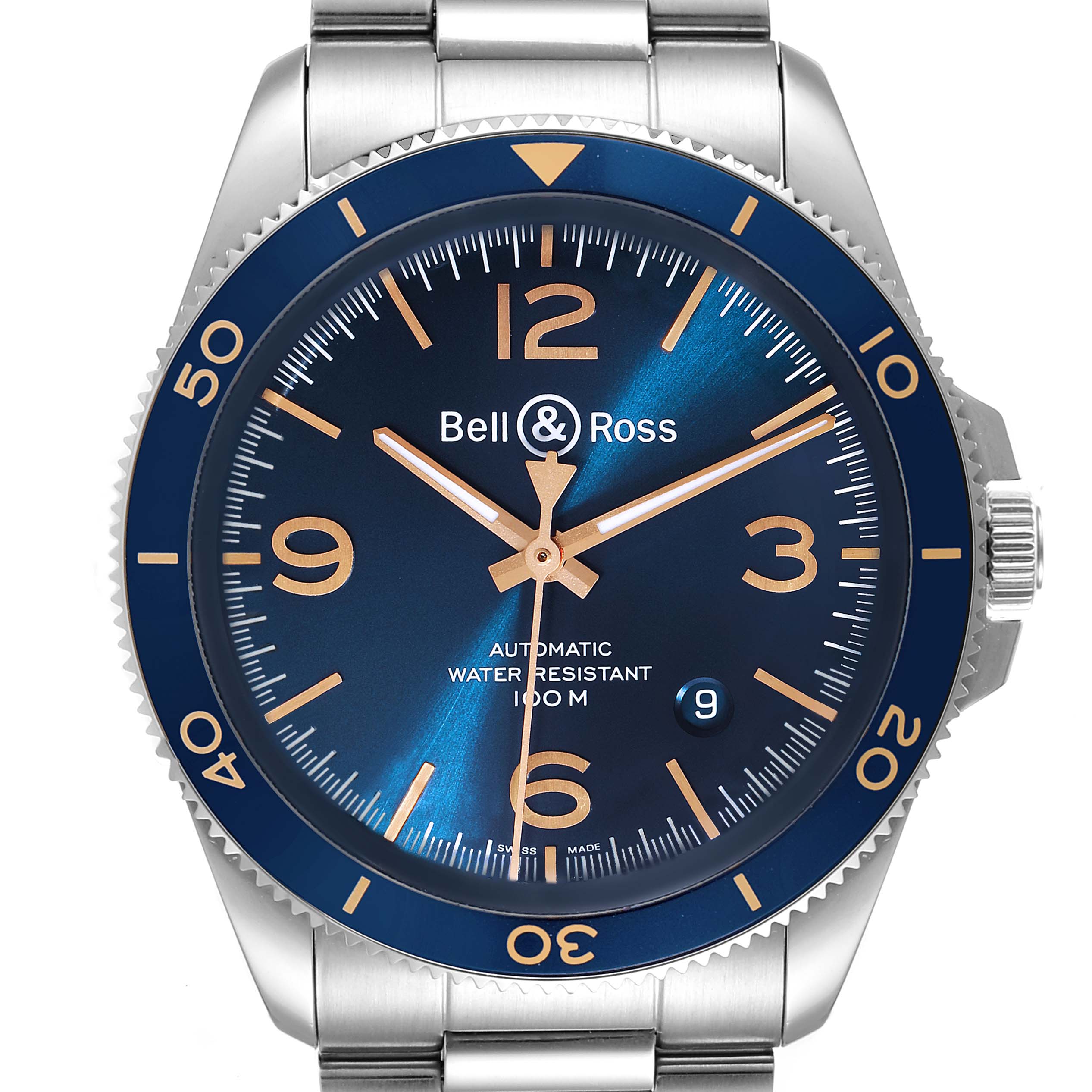 The image shows a front view of the Bell & Ross Heritage BRV292-BU-G-ST/SST Men's Stainless Steel Blue Dial BRV292-BU-G-ST/SST Men's Stainless Steel Blue Dial model watch, displaying its dial, bezel, and part of its metal band.