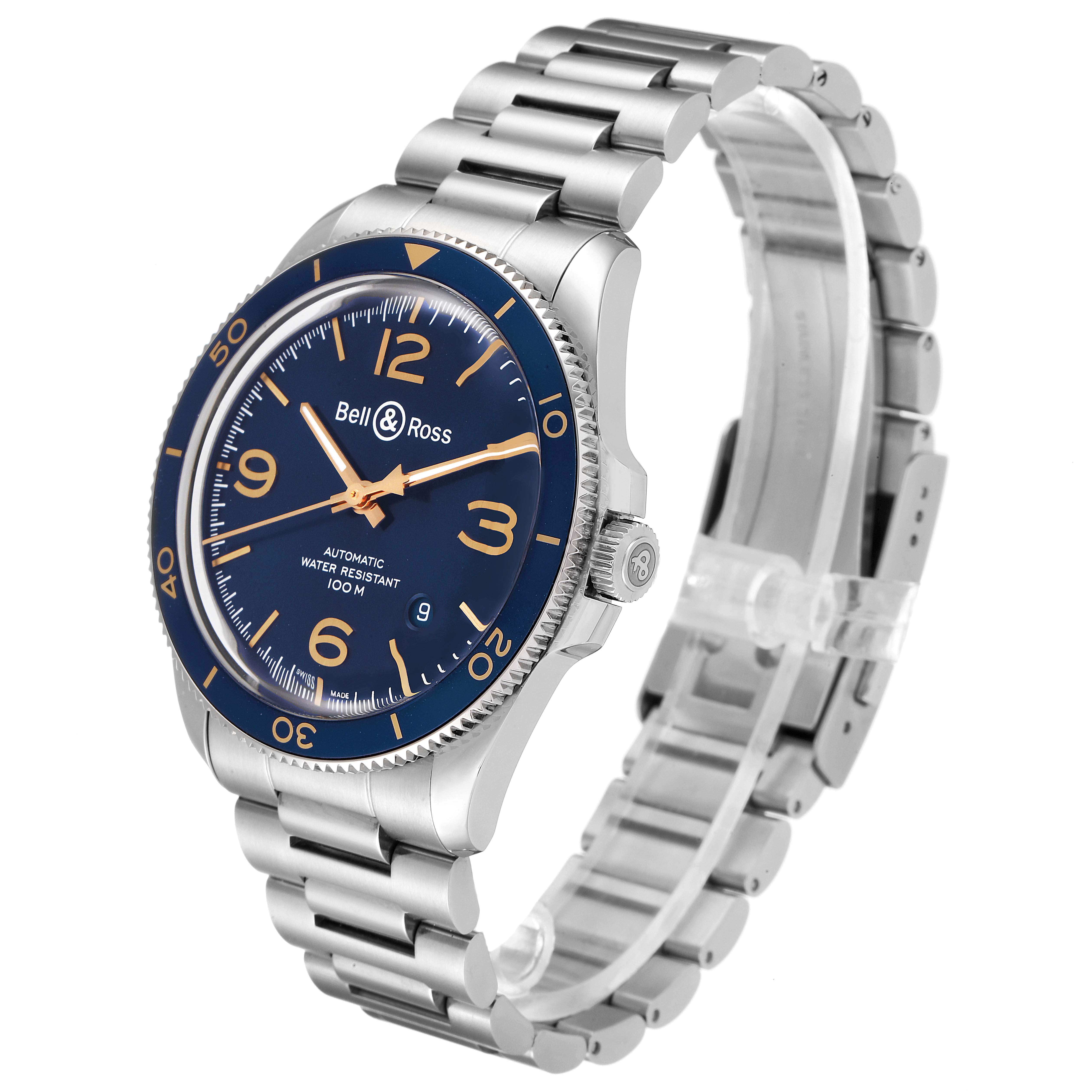 The Bell & Ross Heritage BRV292-BU-G-ST/SST Men's Stainless Steel Blue Dial BRV292-BU-G-ST/SST Men's Stainless Steel Blue Dial model watch is shown at a three-quarter angle, displaying its face, bezel, crown, and metal bracelet.