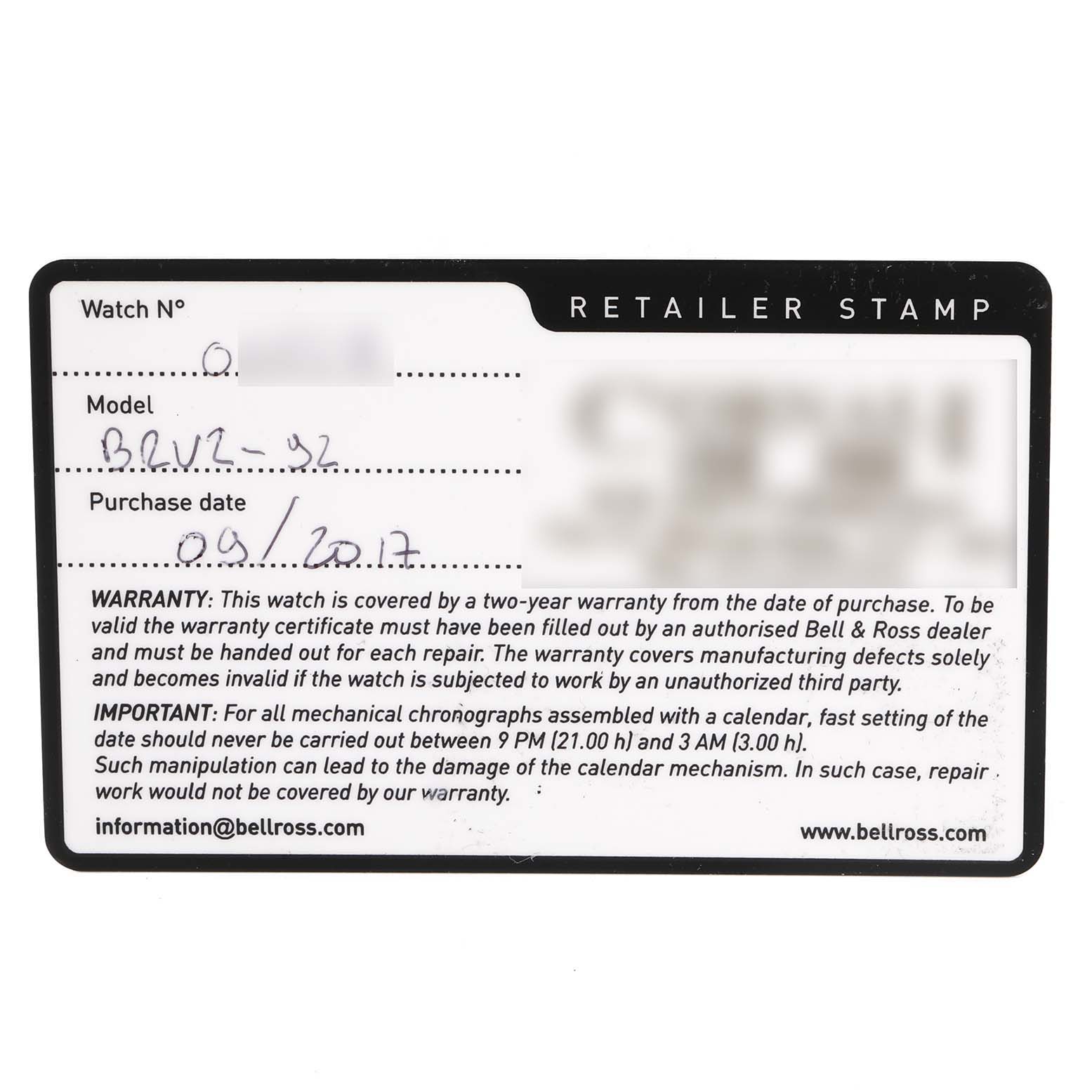 This image shows a warranty card for a Bell & Ross Heritage BRV292-BU-G-ST/SST Men's Stainless Steel Blue Dial BRV292-BU-G-ST/SST Men's Stainless Steel Blue Dial model BRV2-92 watch.