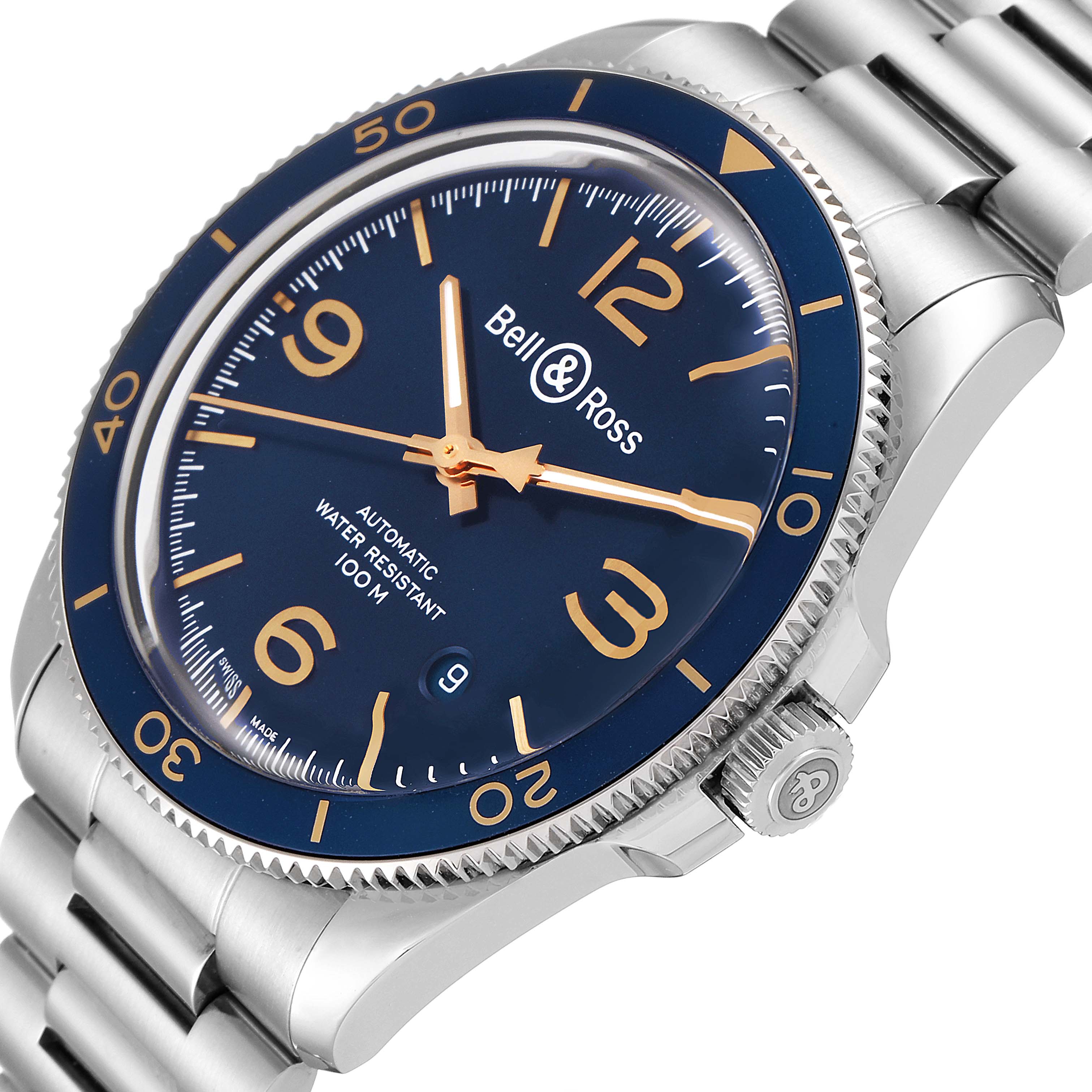 This image shows a close-up of the Bell & Ross Heritage BRV292-BU-G-ST/SST Men's Stainless Steel Blue Dial BRV292-BU-G-ST/SST Men's Stainless Steel Blue Dial model watch at a slight angle, highlighting its face, bezel, and metal bracelet.