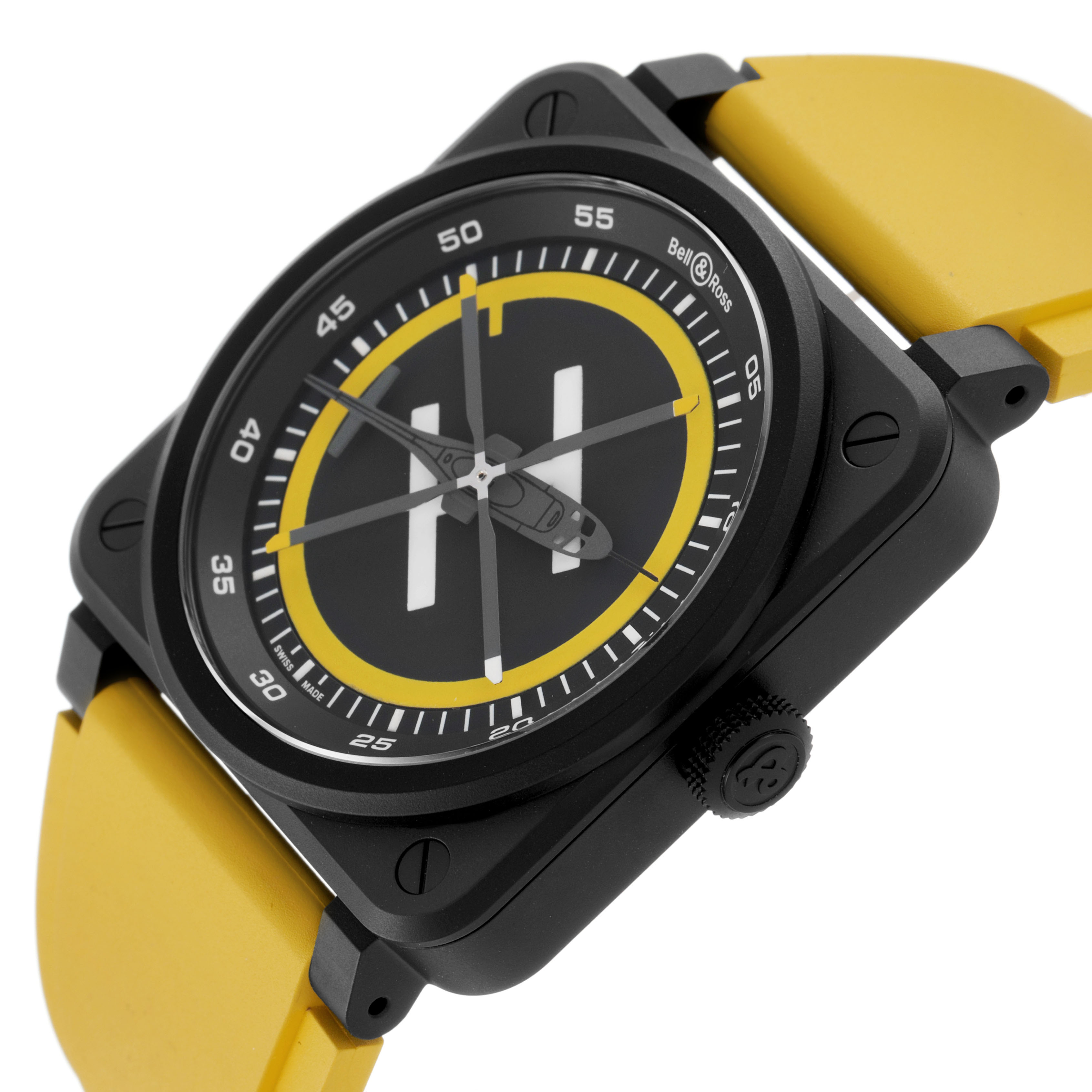 The Bell & Ross Instruments BR-03 Men's Ceramic Black Dial watch is shown at an angled side view, featuring a black case, yellow strap, and detailed face.