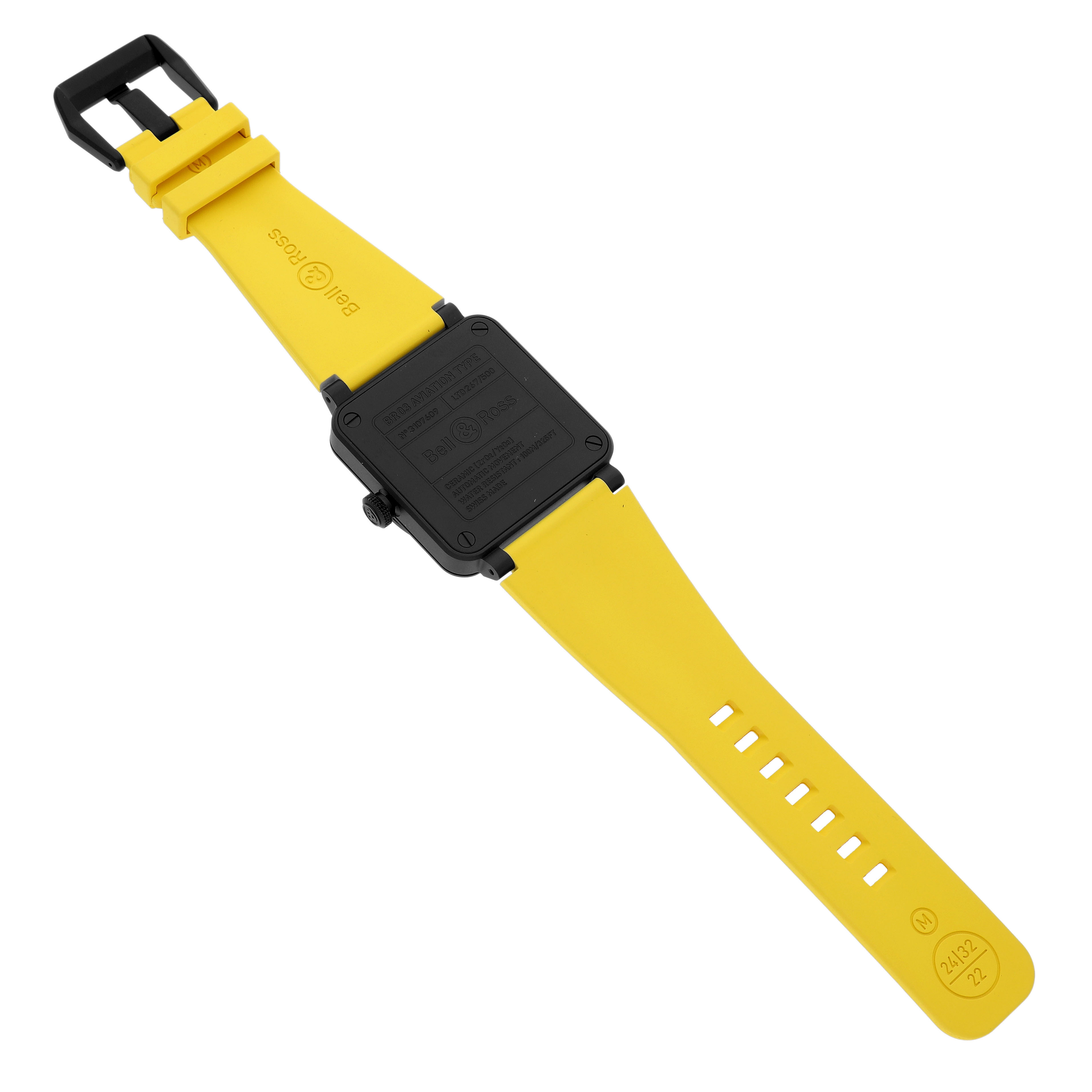 The Bell & Ross Instruments BR-03 Men's Ceramic Black Dial watch is shown from the back, highlighting its yellow strap and black caseback.