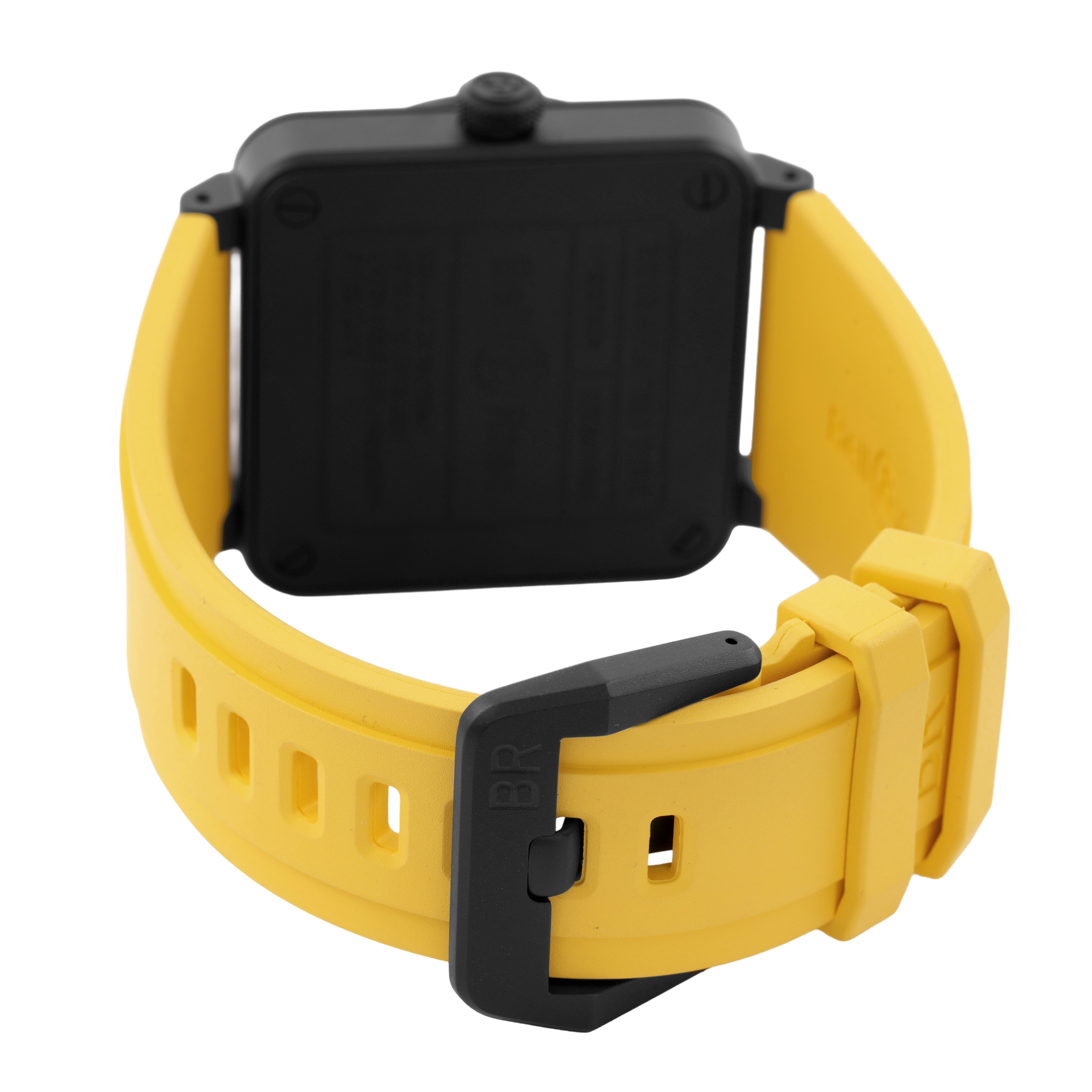 The image shows the back view of a Bell & Ross Instruments BR-03 Men's Ceramic Black Dial watch featuring a yellow strap and black buckle.