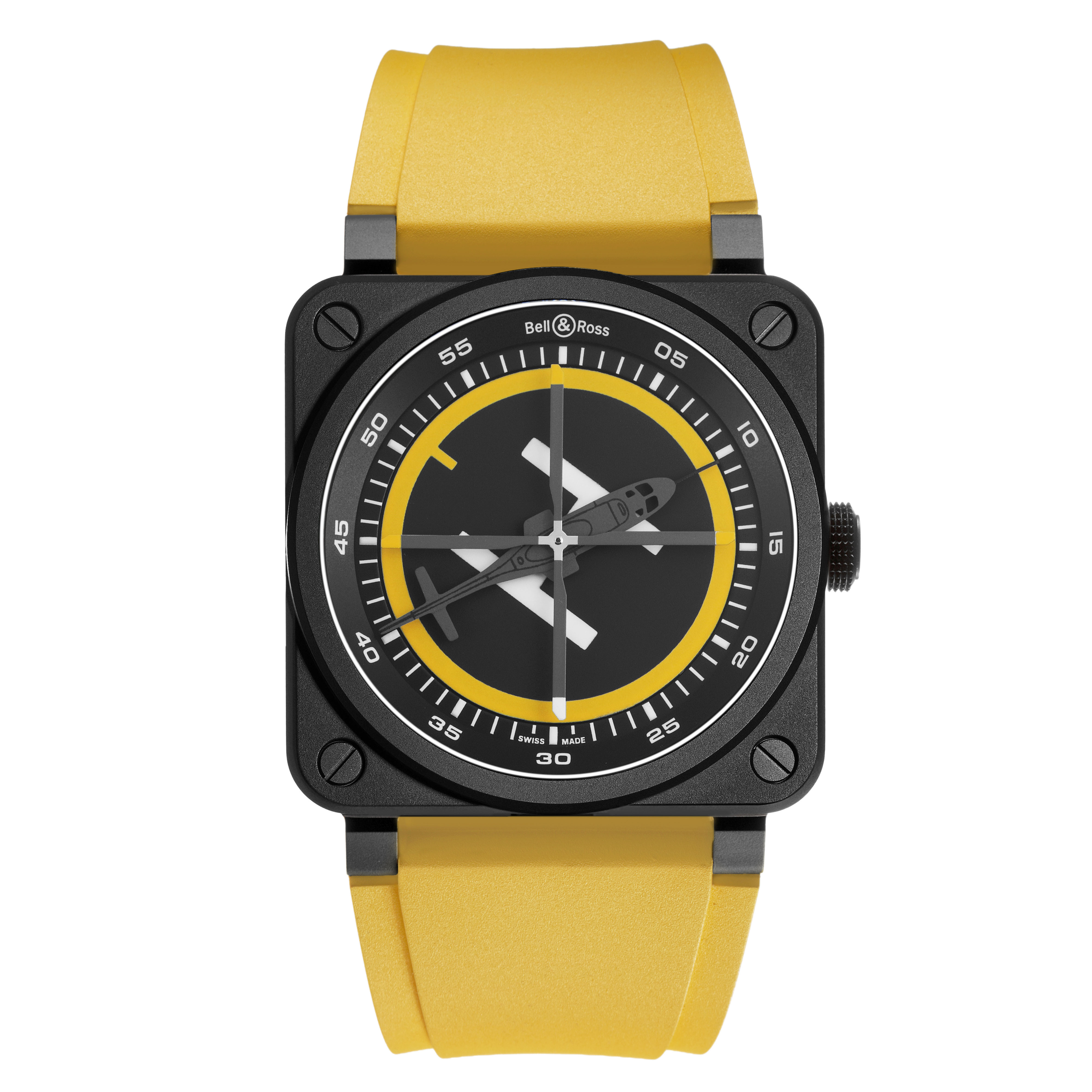 The Bell & Ross Instruments BR-03 Men's Ceramic Black Dial watch is shown from the front, displaying its square case, dial, and yellow strap.
