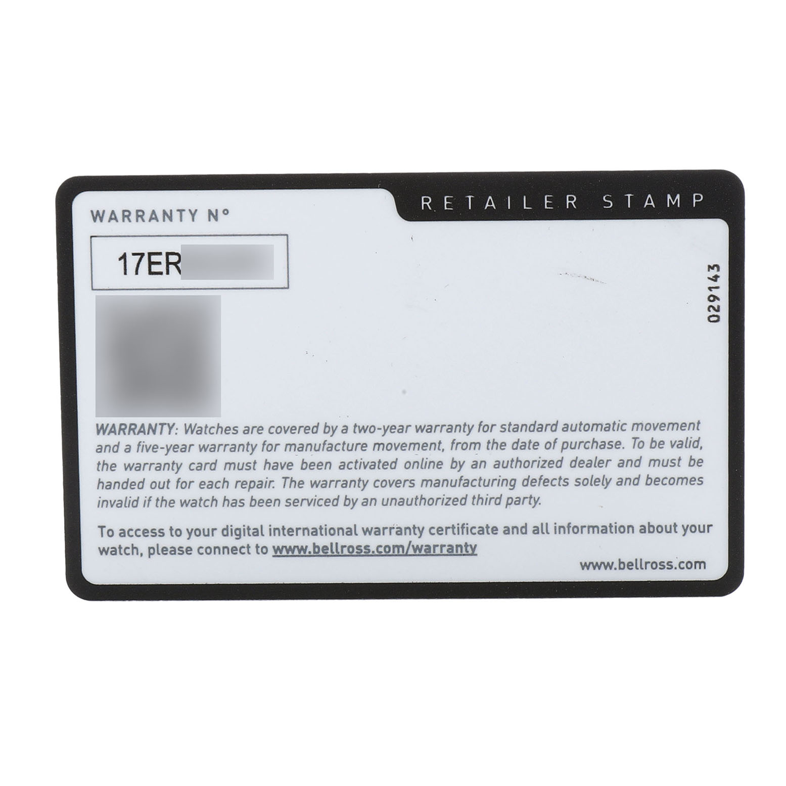 The image shows a warranty card for a Bell & Ross Instruments BR-03 Men's Ceramic Black Dial model.