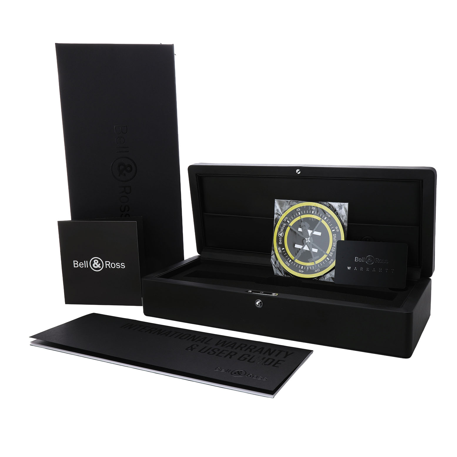 The image shows the open packaging for a Bell & Ross Instruments BR-03 Men's Ceramic Black Dial model, including a display box, warranty card, and user guide.