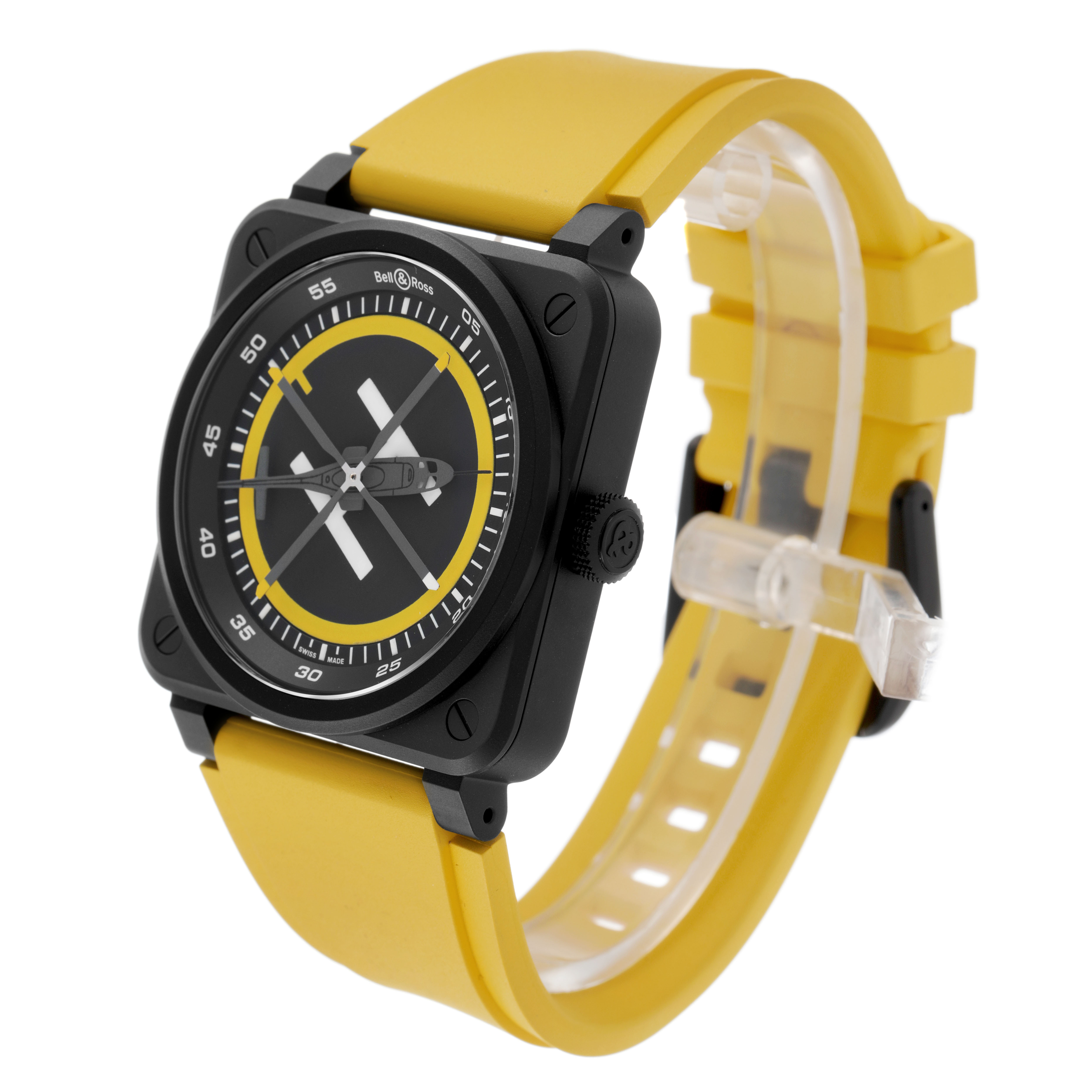 The Bell & Ross Instruments BR-03 Men's Ceramic Black Dial watch is shown at an angle highlighting the face, yellow strap, and side crown.
