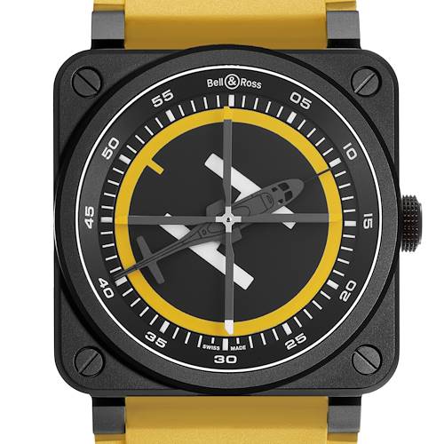 The Bell & Ross Instruments BR-03 Men's Ceramic Black Dial watch is shown from the front, highlighting its square case, dial, and bezel.