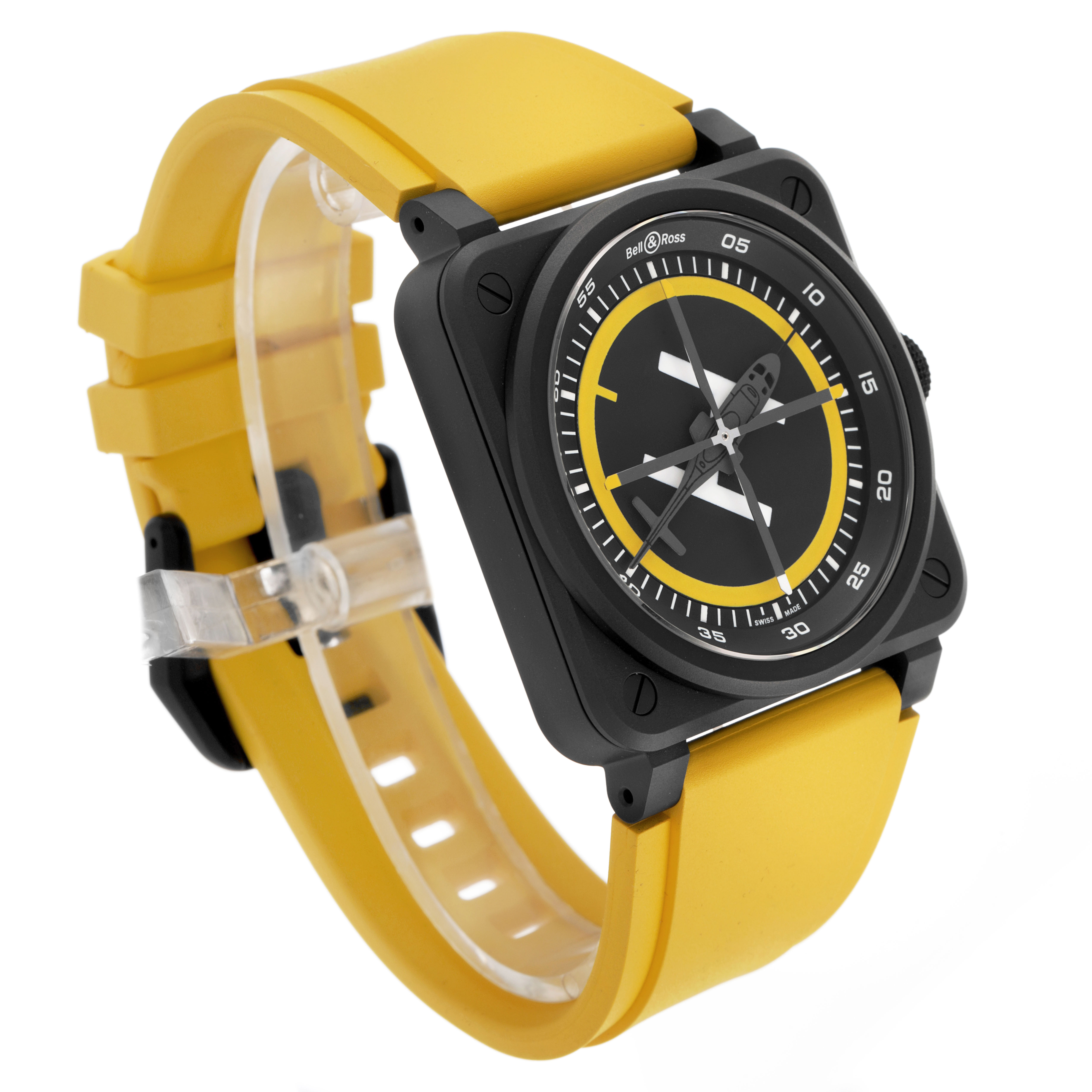 The Bell & Ross Instruments BR-03 Men's Ceramic Black Dial watch is shown at a three-quarter angle, highlighting its round dial, square case, and yellow strap.