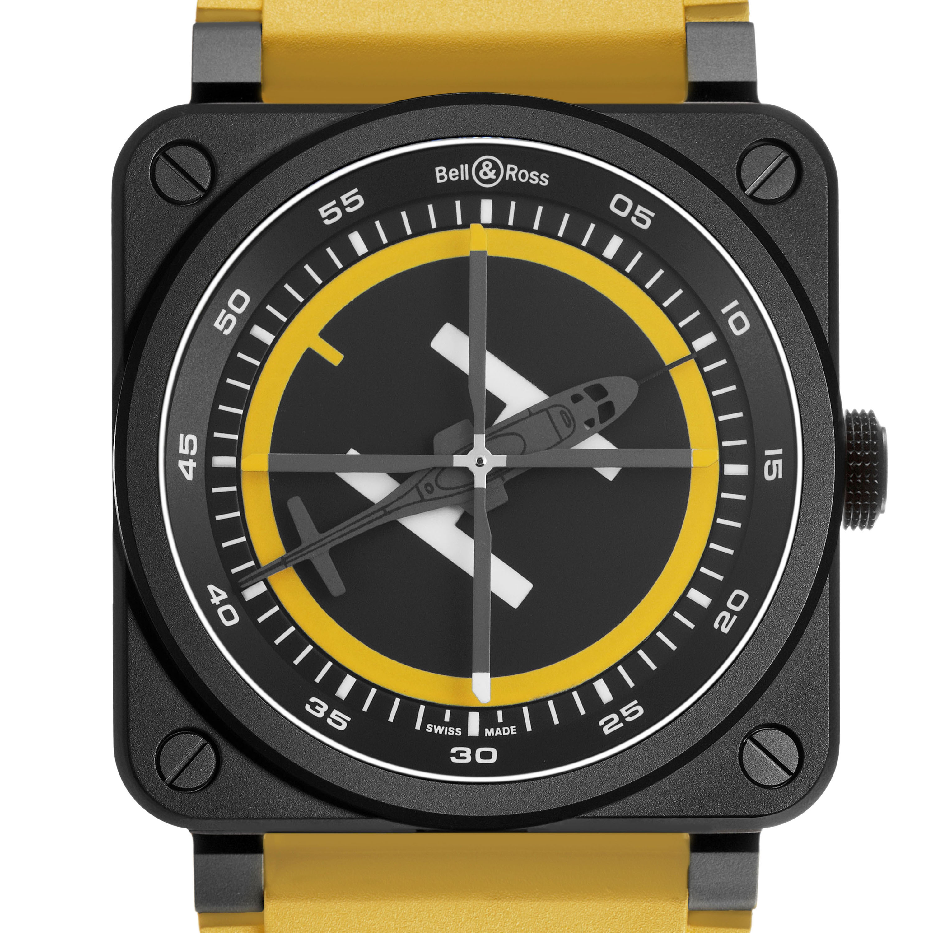 The Bell & Ross Instruments BR-03 Men's Ceramic Black Dial watch is shown from a front angle, highlighting its black square case, round dial, and yellow strap.