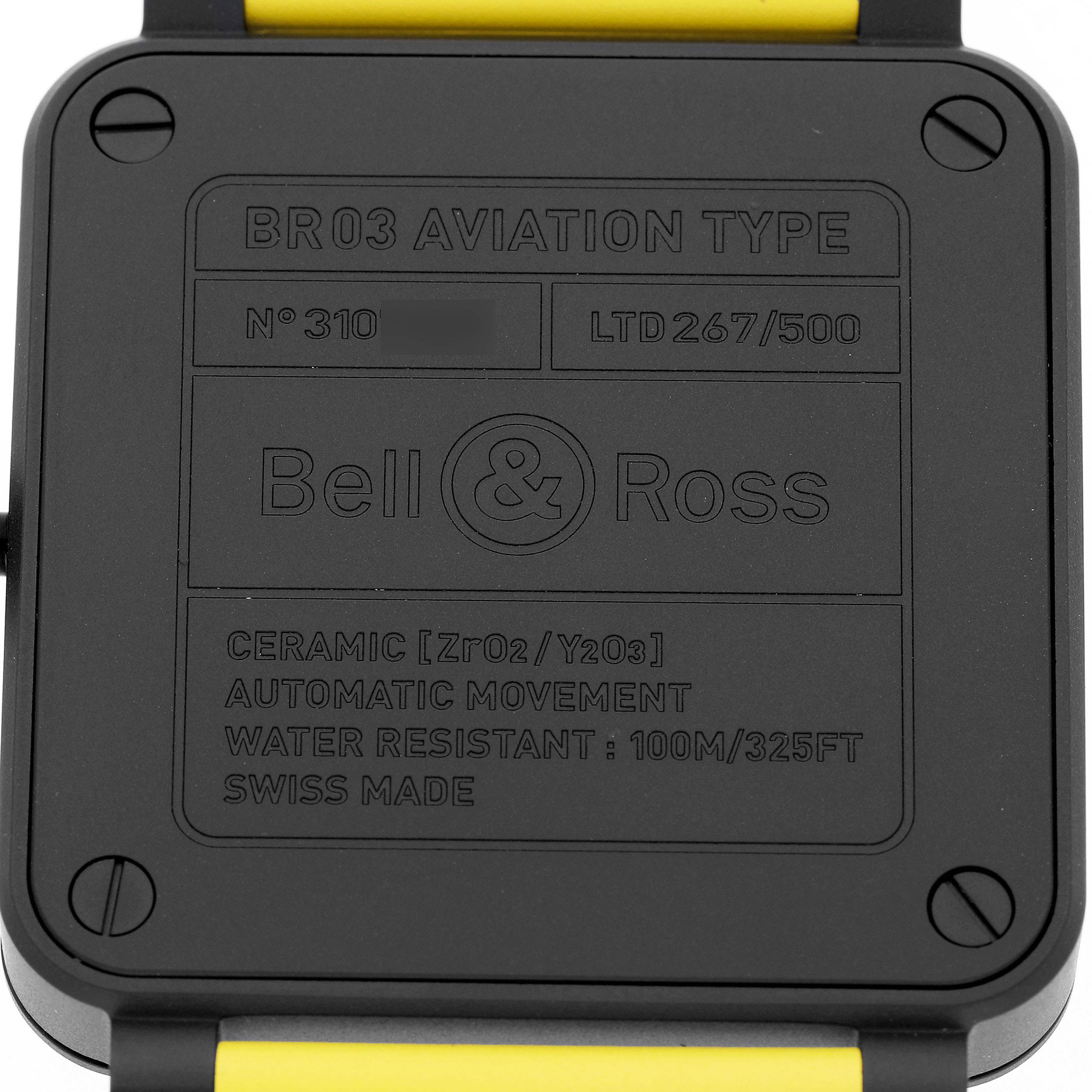 The image shows the back of a Bell & Ross Instruments BR-03 Men's Ceramic Black Dial watch model, displaying model details and specifications.