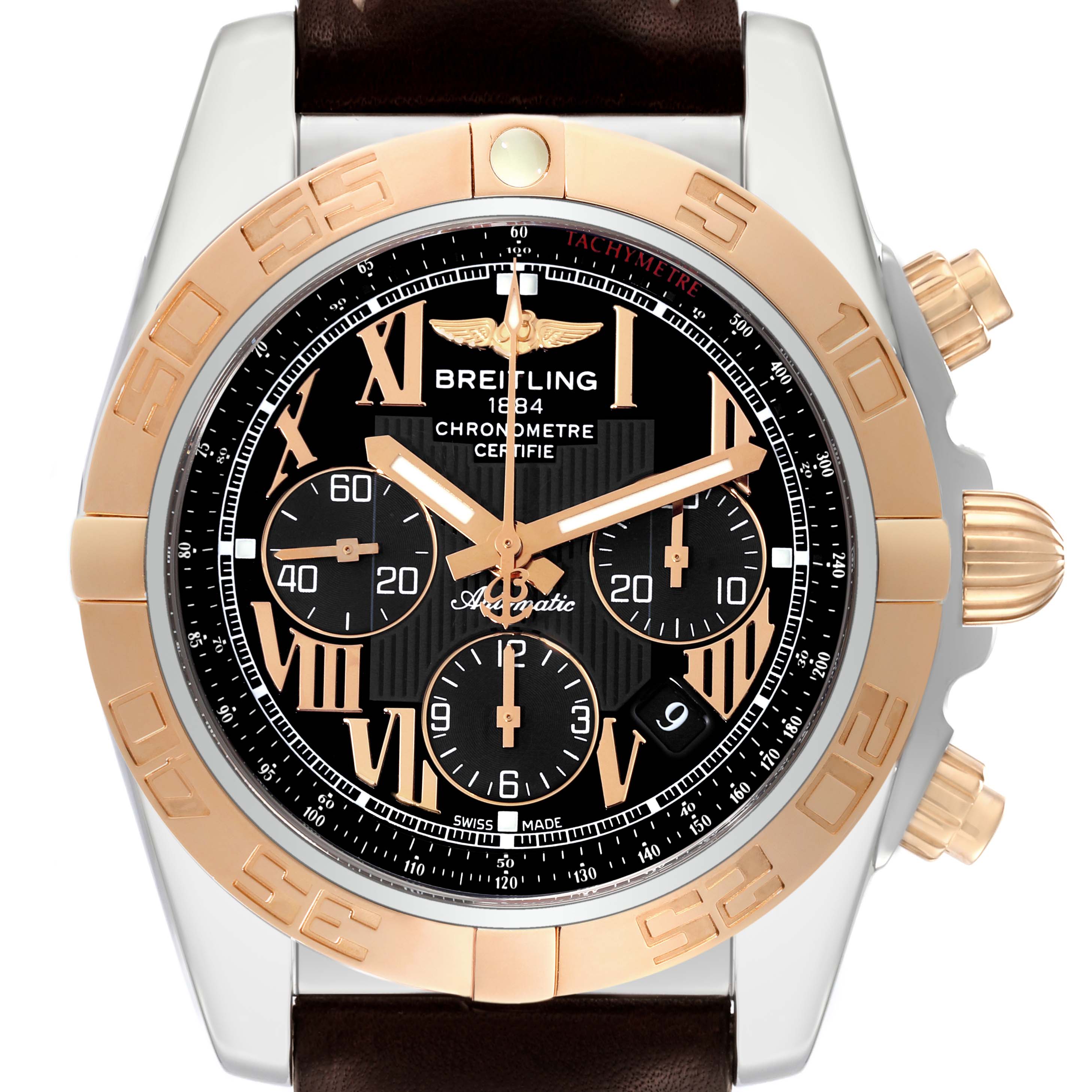 The image shows a front view of a Breitling Chronomat CB0110 Men's Steel and Gold (two tone) Black Dial CB0110 Men's Steel and Gold (two tone) Black Dial watch, highlighting its face, bezel, and chronograph dials.