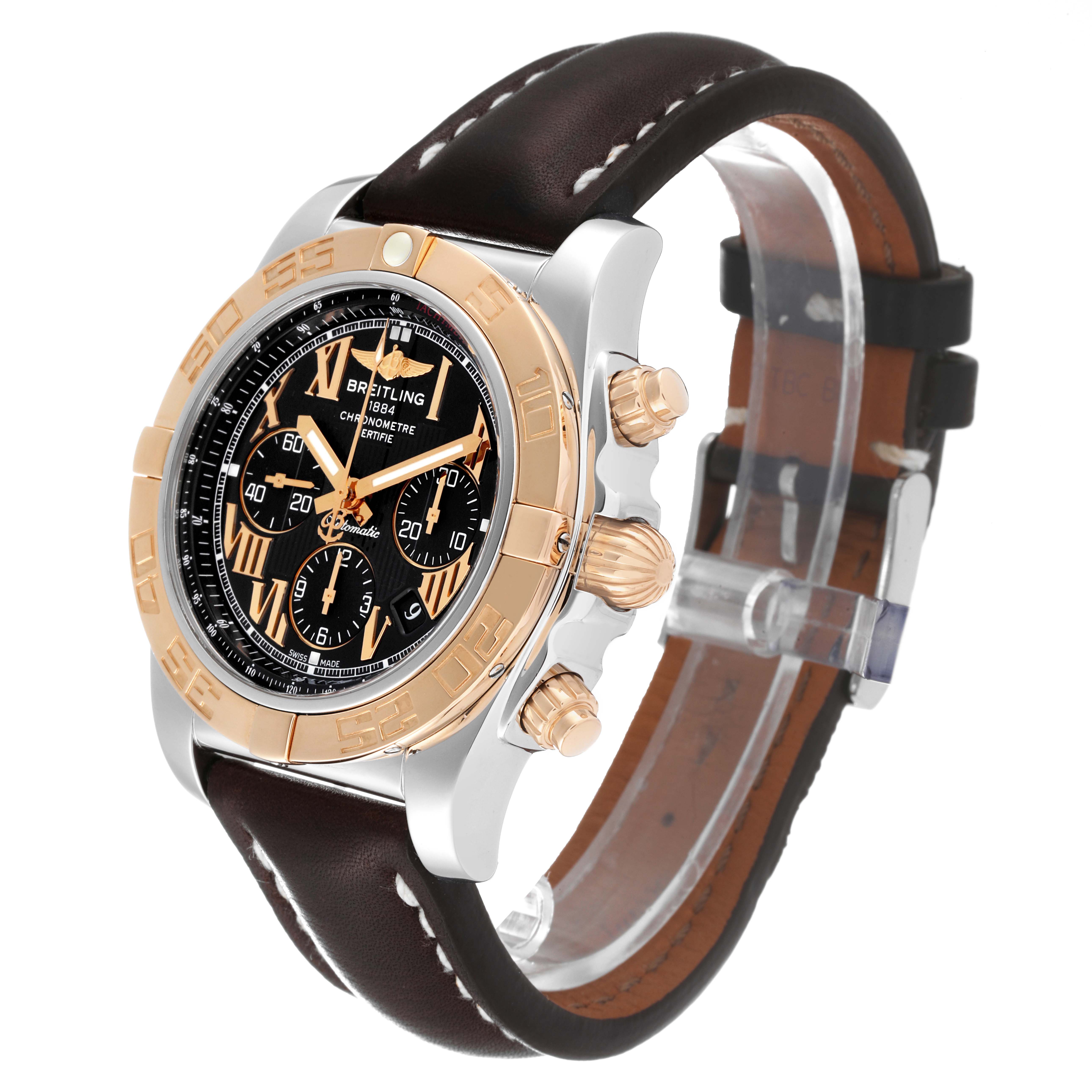 This image shows a Breitling Chronomat CB0110 Men's Steel and Gold (two tone) Black Dial CB0110 Men's Steel and Gold (two tone) Black Dial watch in a three-quarter angle, highlighting its dial, case, crown, pushers, and leather strap.