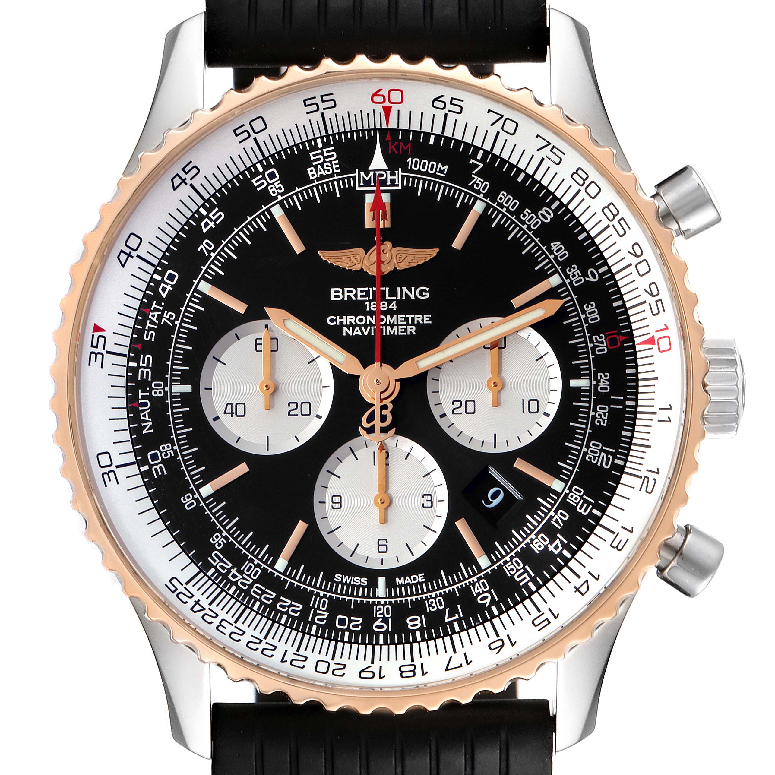 This is a front view of the Breitling Navitimer UB0127 Men's Steel and Gold (two tone) Black Dial UB0127 Men's Steel and Gold (two tone) Black Dial watch displaying its dial, hands, subdials, and crown.