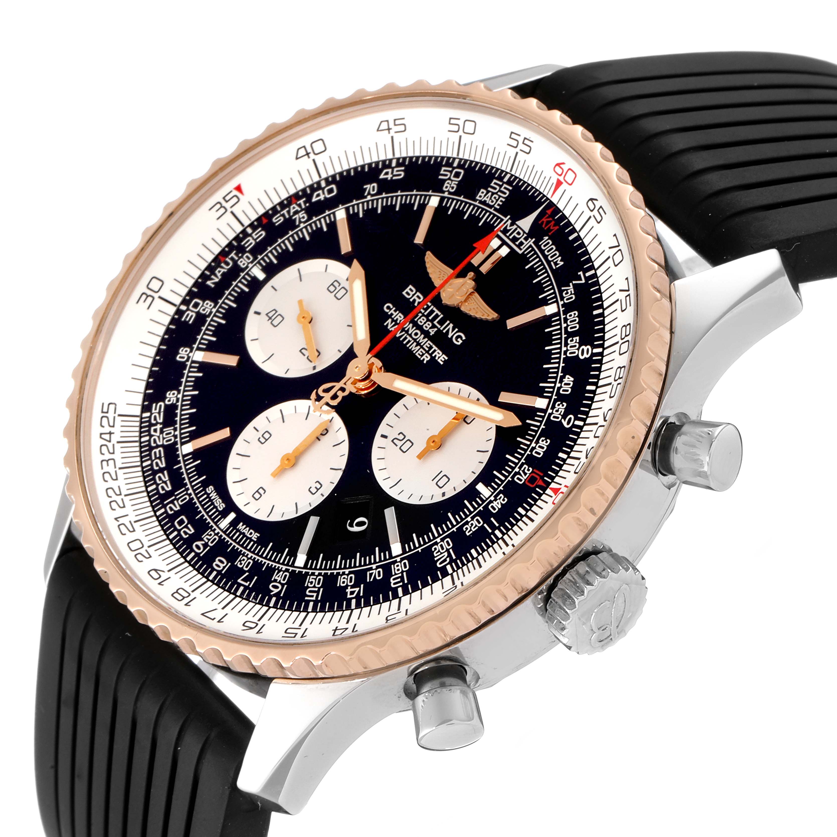 The Breitling Navitimer UB0127 Men's Steel and Gold (two tone) Black Dial UB0127 Men's Steel and Gold (two tone) Black Dial watch is shown at an angle, highlighting its face, bezel, crown, and pushers.