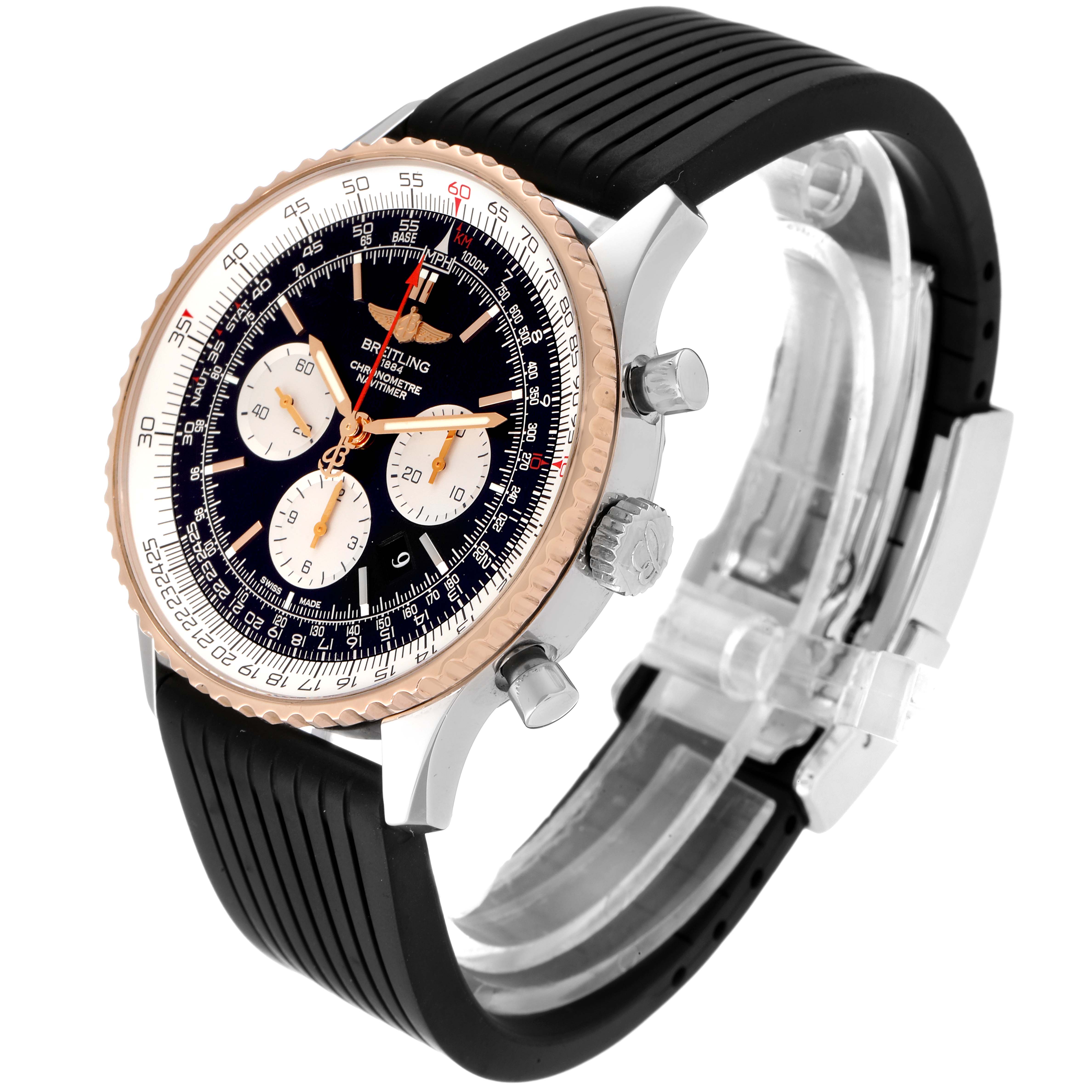 The Breitling Navitimer UB0127 Men's Steel and Gold (two tone) Black Dial UB0127 Men's Steel and Gold (two tone) Black Dial watch is shown at a three-quarter angle, revealing its dial, bezel, crown, pushers, and strap.