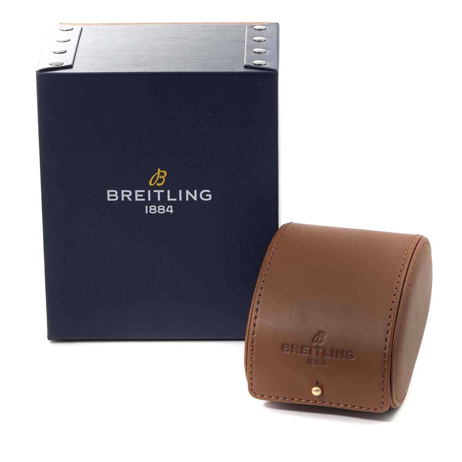 This image shows the Breitling Navitimer UB0127 Men's Steel and Gold (two tone) Black Dial UB0127 Men's Steel and Gold (two tone) Black Dial's packaging, including a blue box and a brown leather watch case.