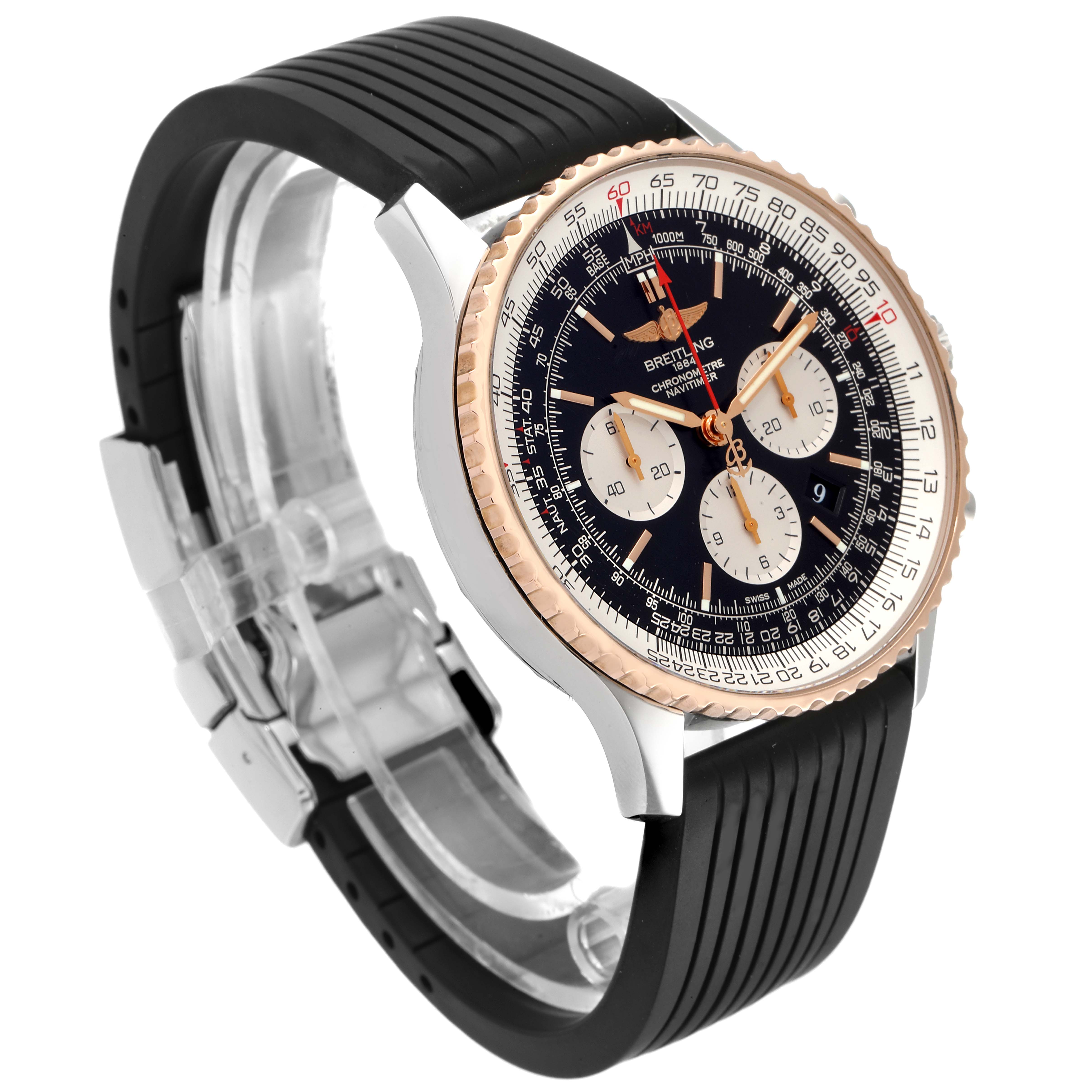 This image shows a Breitling Navitimer UB0127 Men's Steel and Gold (two tone) Black Dial UB0127 Men's Steel and Gold (two tone) Black Dial watch at a slight angle, highlighting the case, dial, bezel, and black strap.