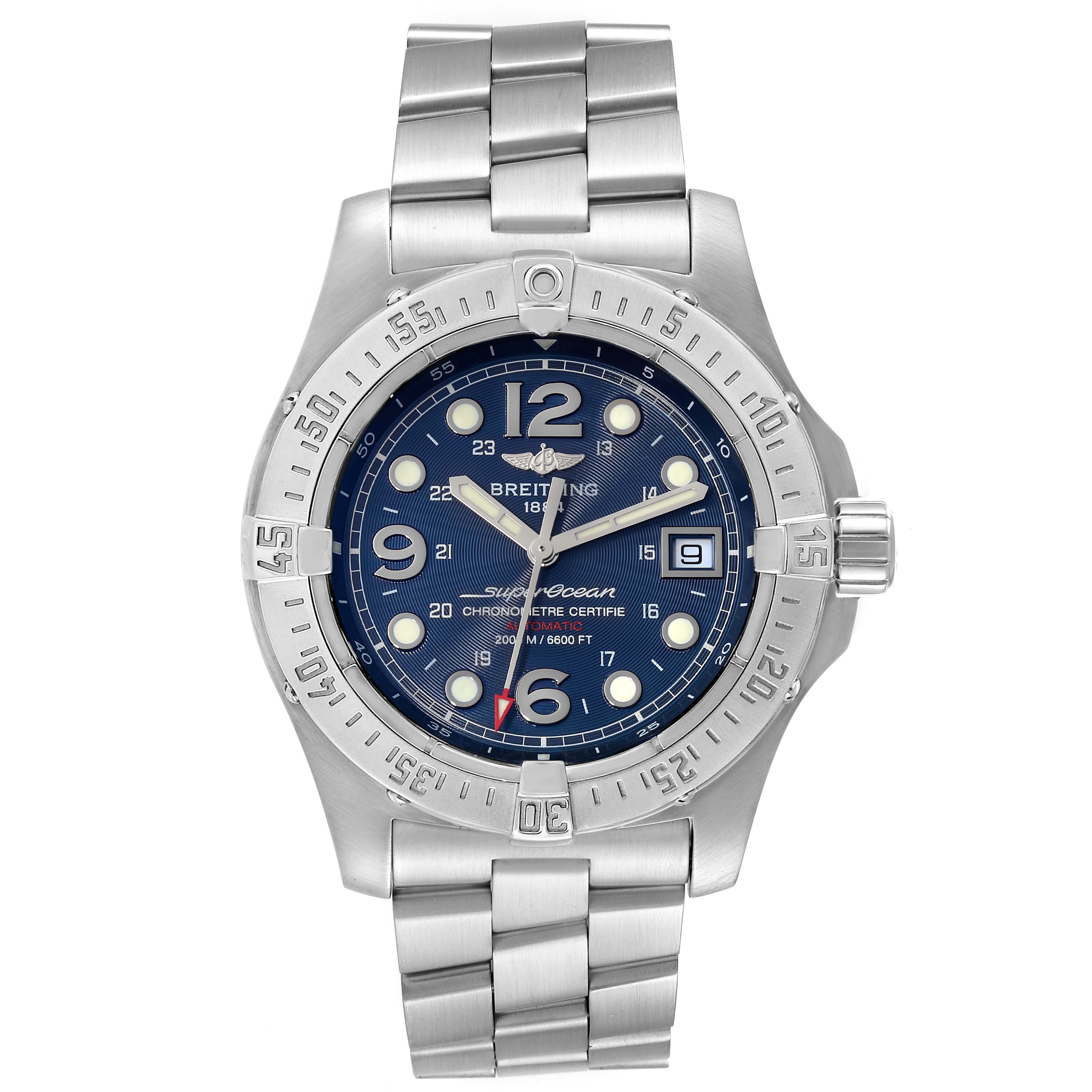 The image shows a Breitling Superocean A17390 Men's Stainless Steel Blue Dial A17390 Men's Stainless Steel Blue Dial watch front-facing, displaying its dial, bezel, crown, and stainless steel bracelet.