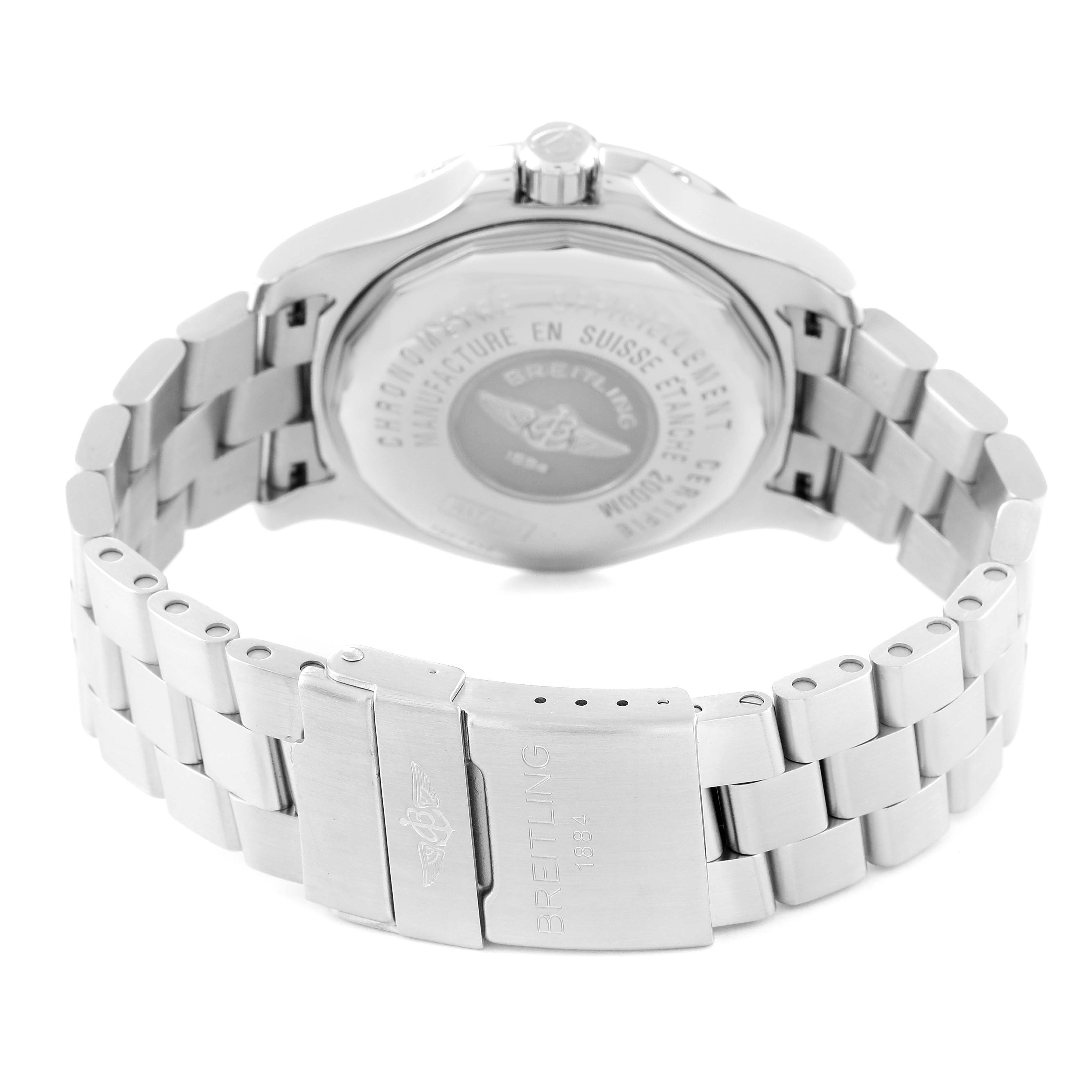 The image shows the back of a Breitling Superocean A17390 Men's Stainless Steel Blue Dial A17390 Men's Stainless Steel Blue Dial watch, including the case back and stainless steel bracelet.