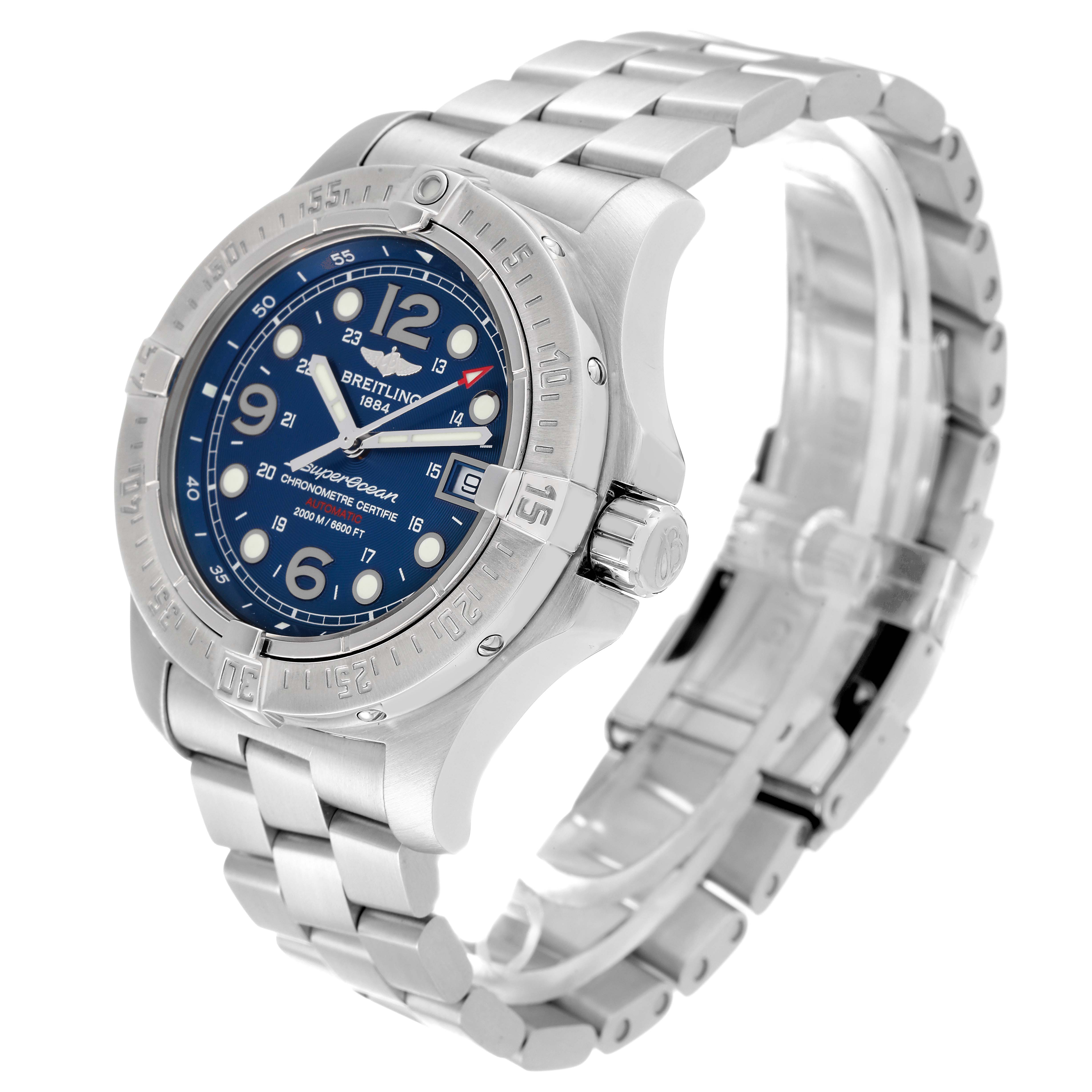 This image shows a side angle of the Breitling Superocean A17390 Men's Stainless Steel Blue Dial A17390 Men's Stainless Steel Blue Dial watch, highlighting its dial, bezel, and metal bracelet.