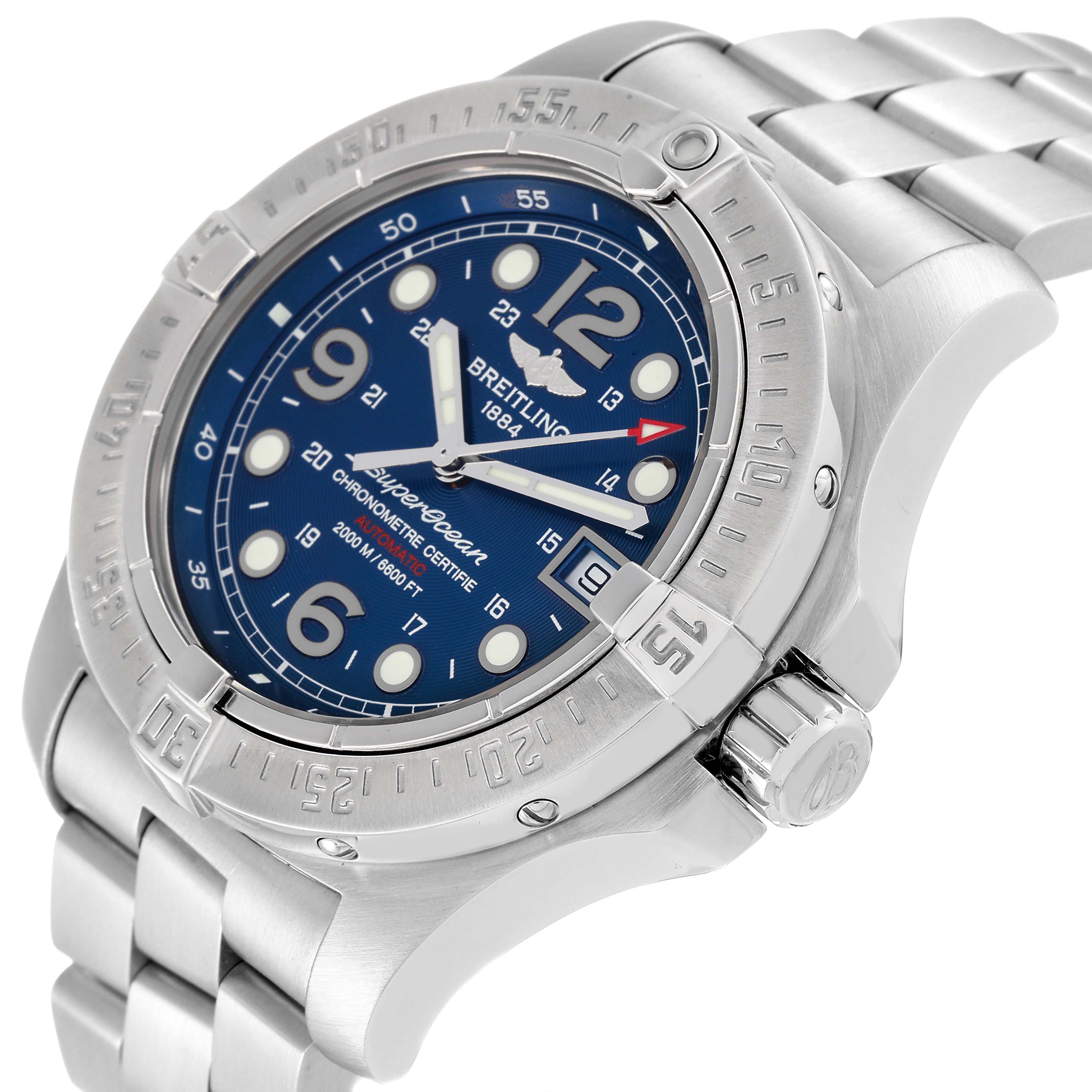 The image shows a close-up, three-quarter angle of a Breitling Superocean A17390 Men's Stainless Steel Blue Dial A17390 Men's Stainless Steel Blue Dial watch, highlighting its blue dial, bezel, and metal bracelet.