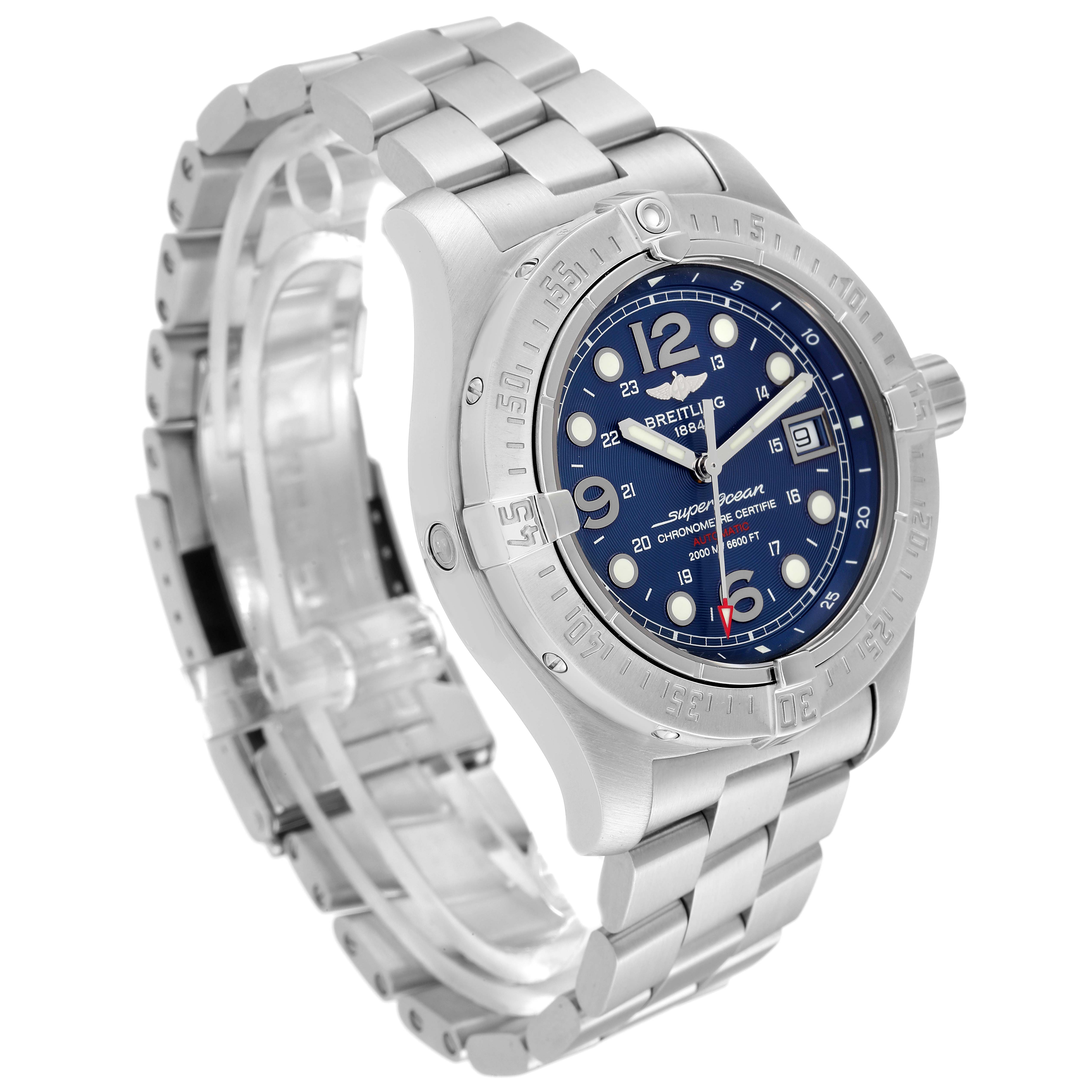 The image shows a side angle of the Breitling Superocean A17390 Men's Stainless Steel Blue Dial A17390 Men's Stainless Steel Blue Dial watch, highlighting its blue dial, stainless steel case, and bracelet.