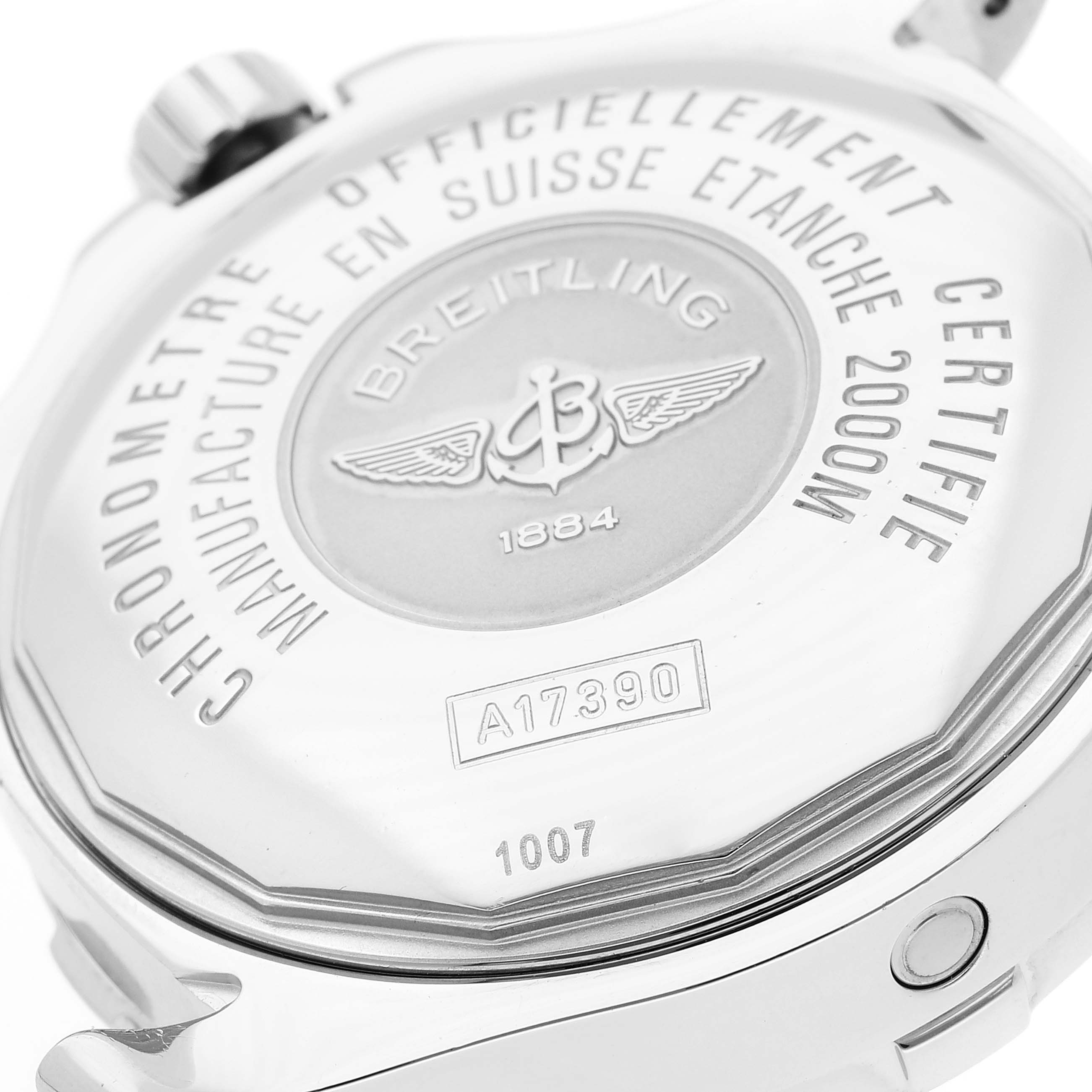 The image shows the back case of the Breitling Superocean A17390 Men's Stainless Steel Blue Dial A17390 Men's Stainless Steel Blue Dial watch, including its engravings and serial number.