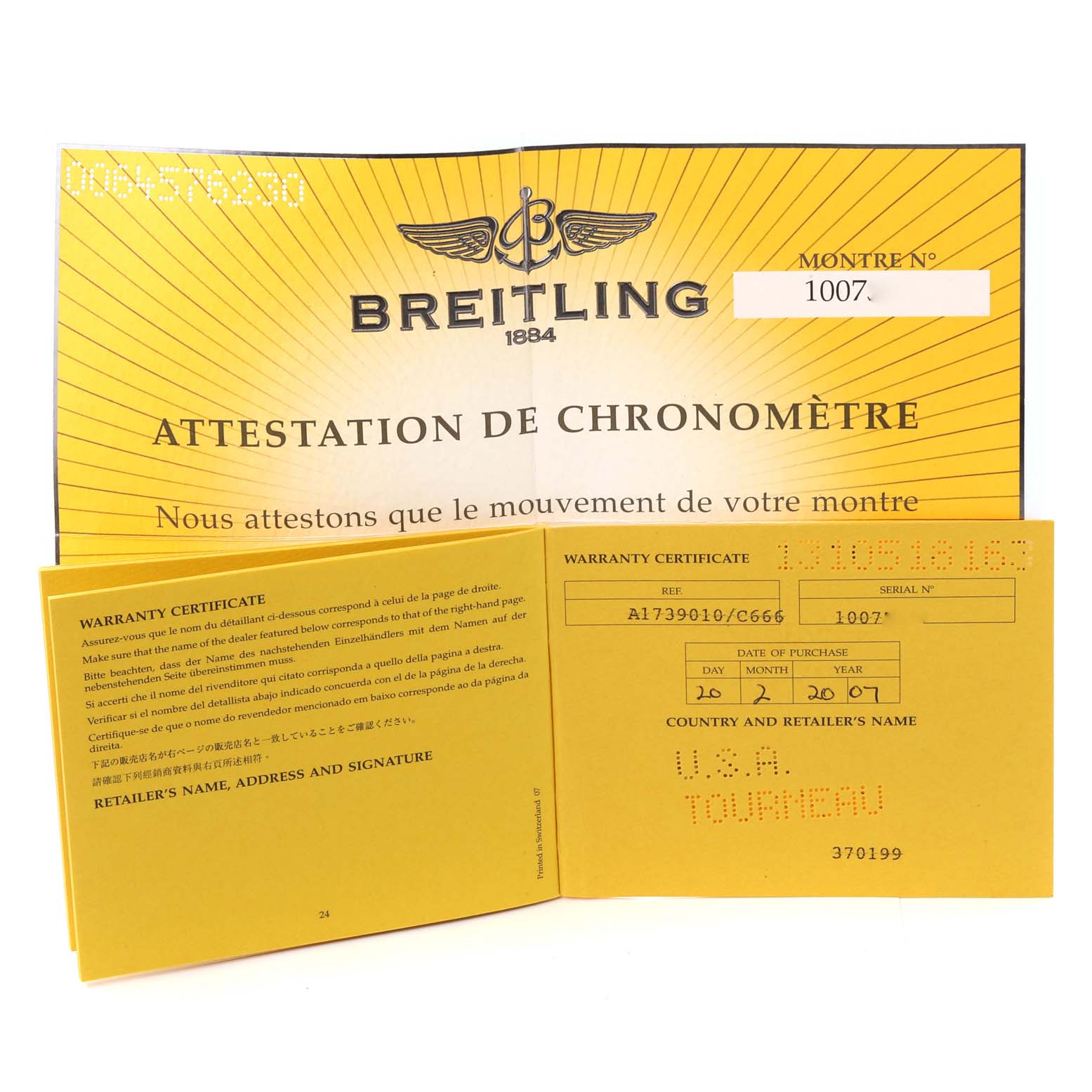 The image shows the warranty certificate and chronometer certification for the Breitling Superocean A17390 Men's Stainless Steel Blue Dial A17390 Men's Stainless Steel Blue Dial watch model.