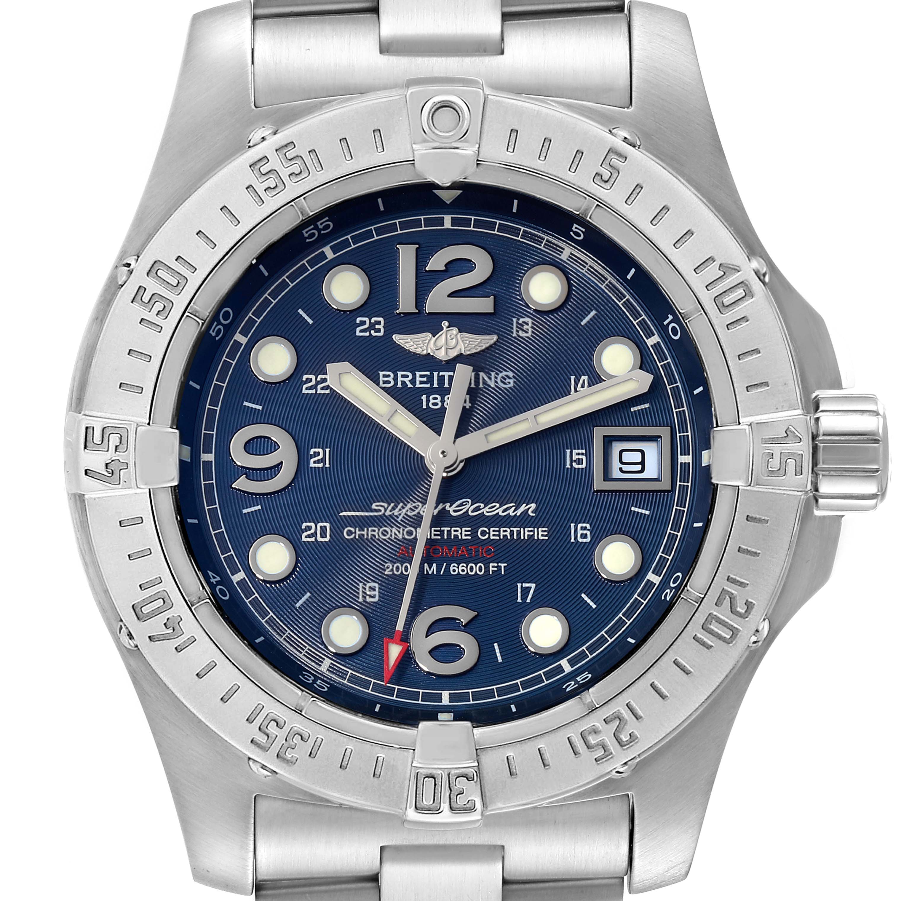 This image shows a front view of the Breitling Superocean A17390 Men's Stainless Steel Blue Dial A17390 Men's Stainless Steel Blue Dial watch, highlighting its dial, bezel, and crown.
