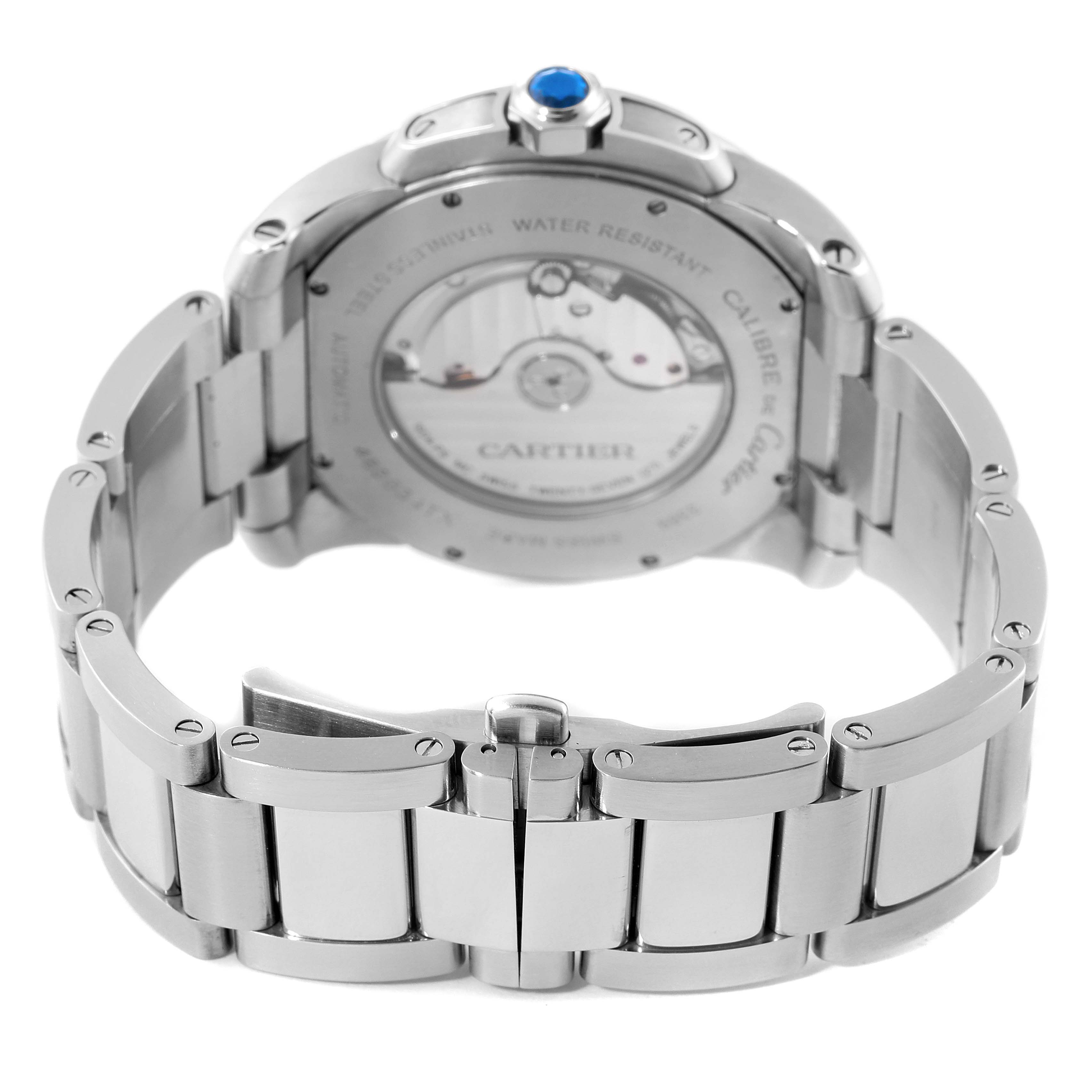 The image shows the back view of a Calibre de Cartier by Cartier, highlighting the bracelet and case back details.