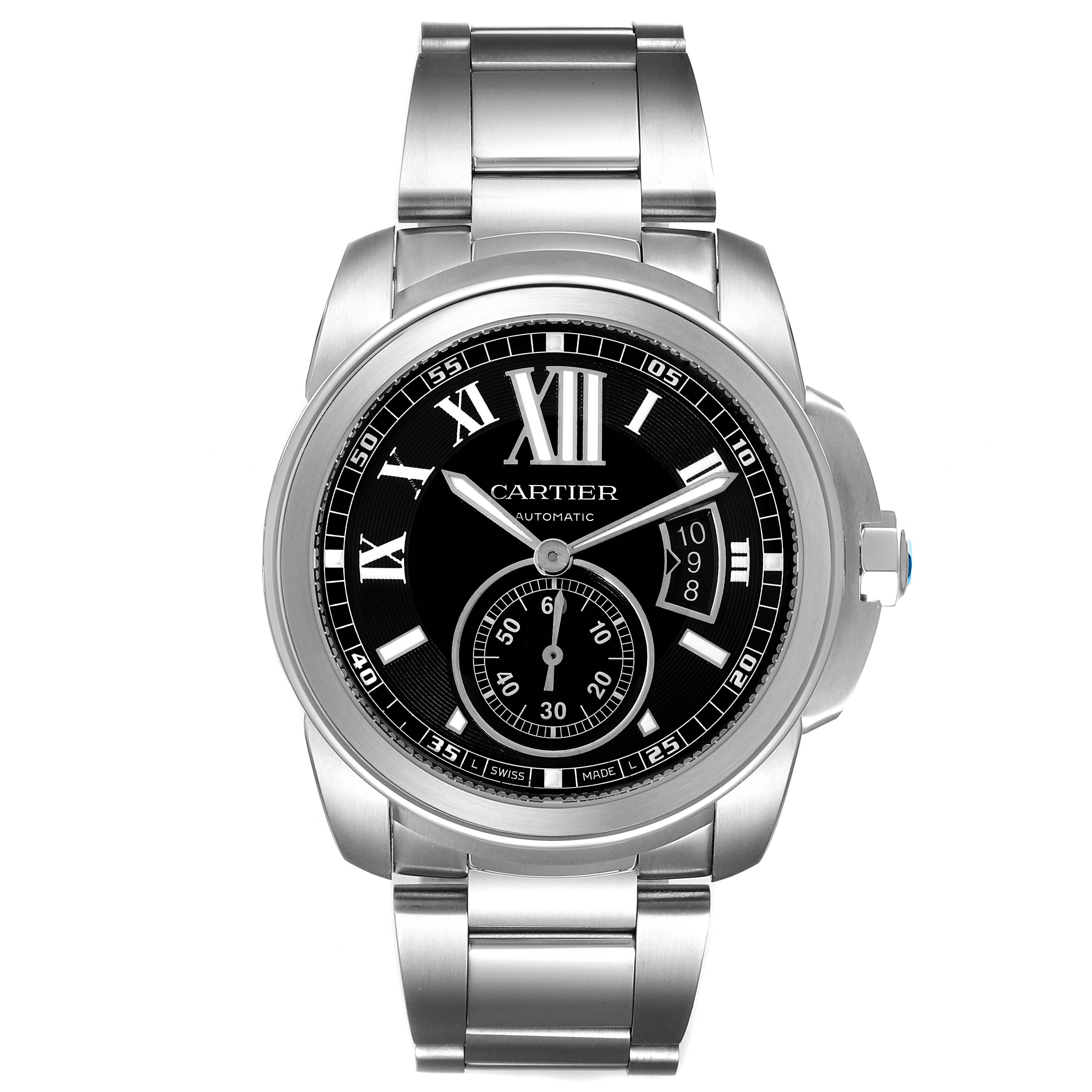 The image shows a front view of the Calibre de Cartier watch by Cartier, highlighting its dial, bracelet, and bezel.