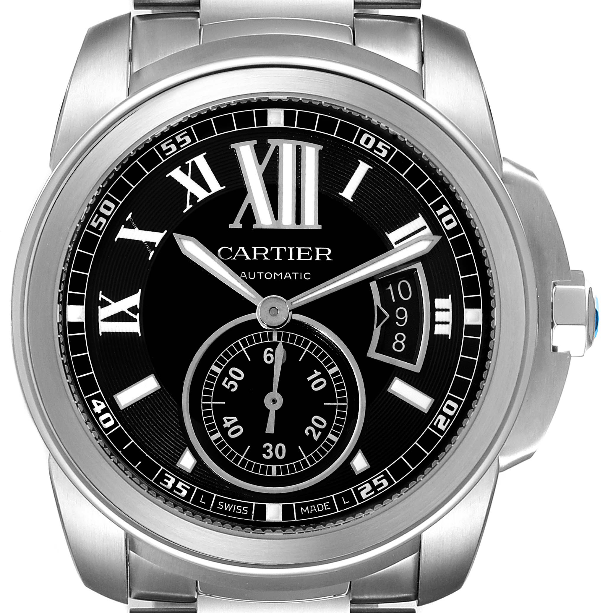 The image shows a front view of a Calibre de Cartier watch by Cartier, featuring a stainless steel case, black dial, Roman numerals, and subdial.