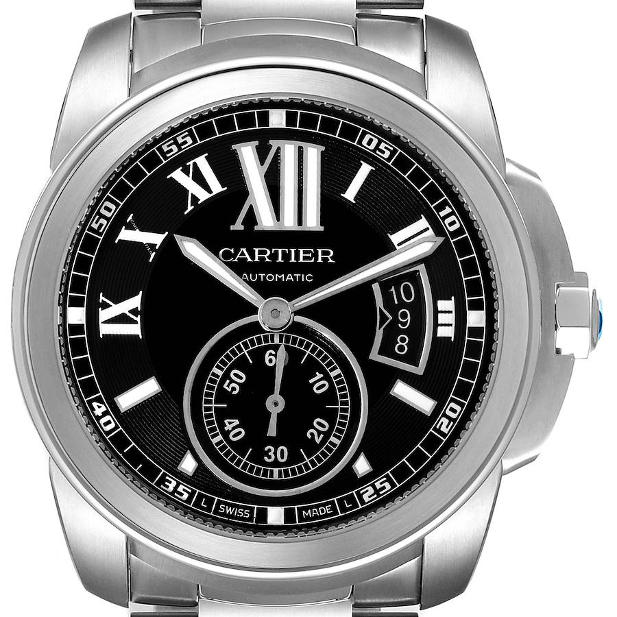 Calibre De Cartier Stainless Steel Black Dial Mens Watch W7100016 SwissWatchExpo