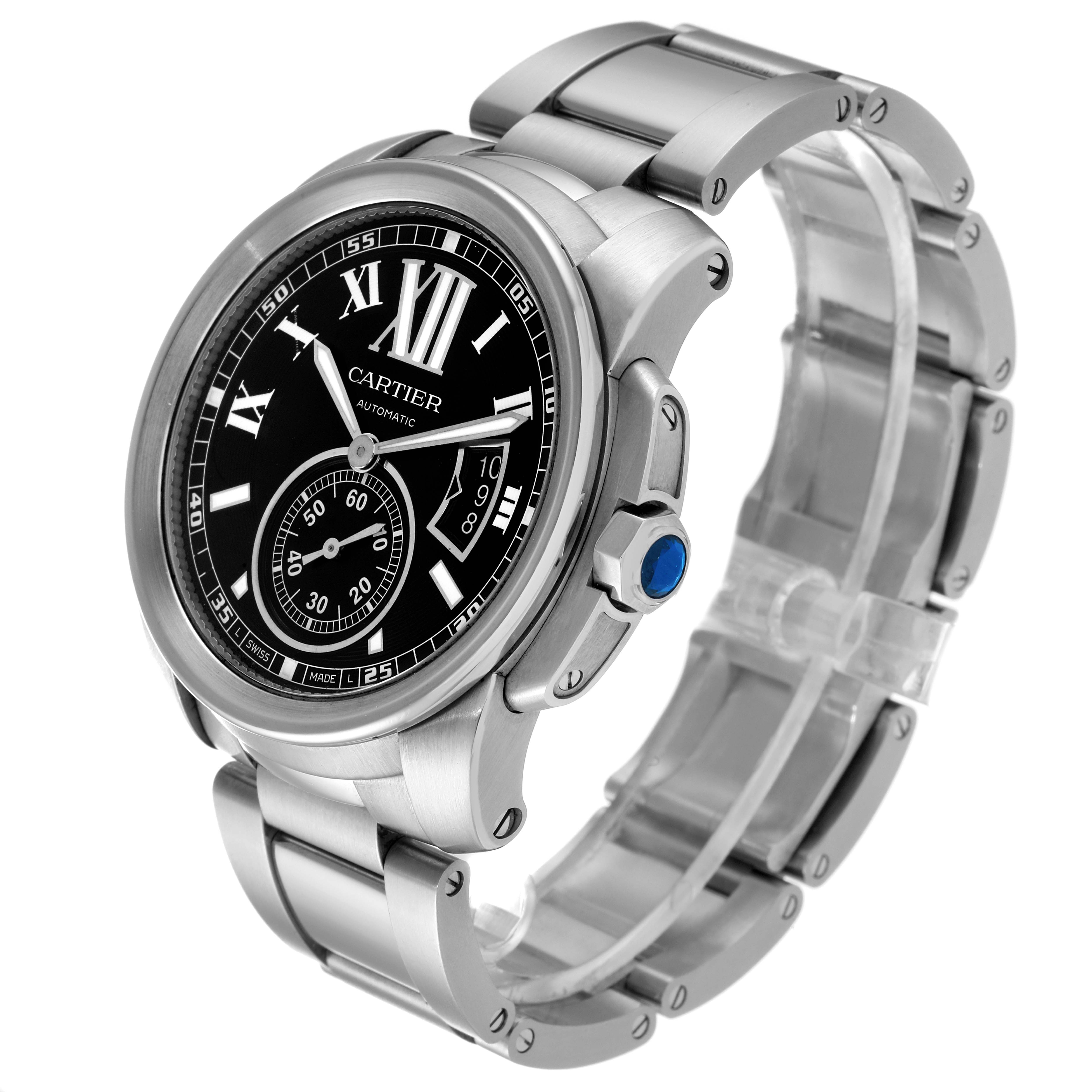 The Calibre de Cartier watch by Cartier is shown at a three-quarter angle, displaying the face, bezel, crown, and bracelet.