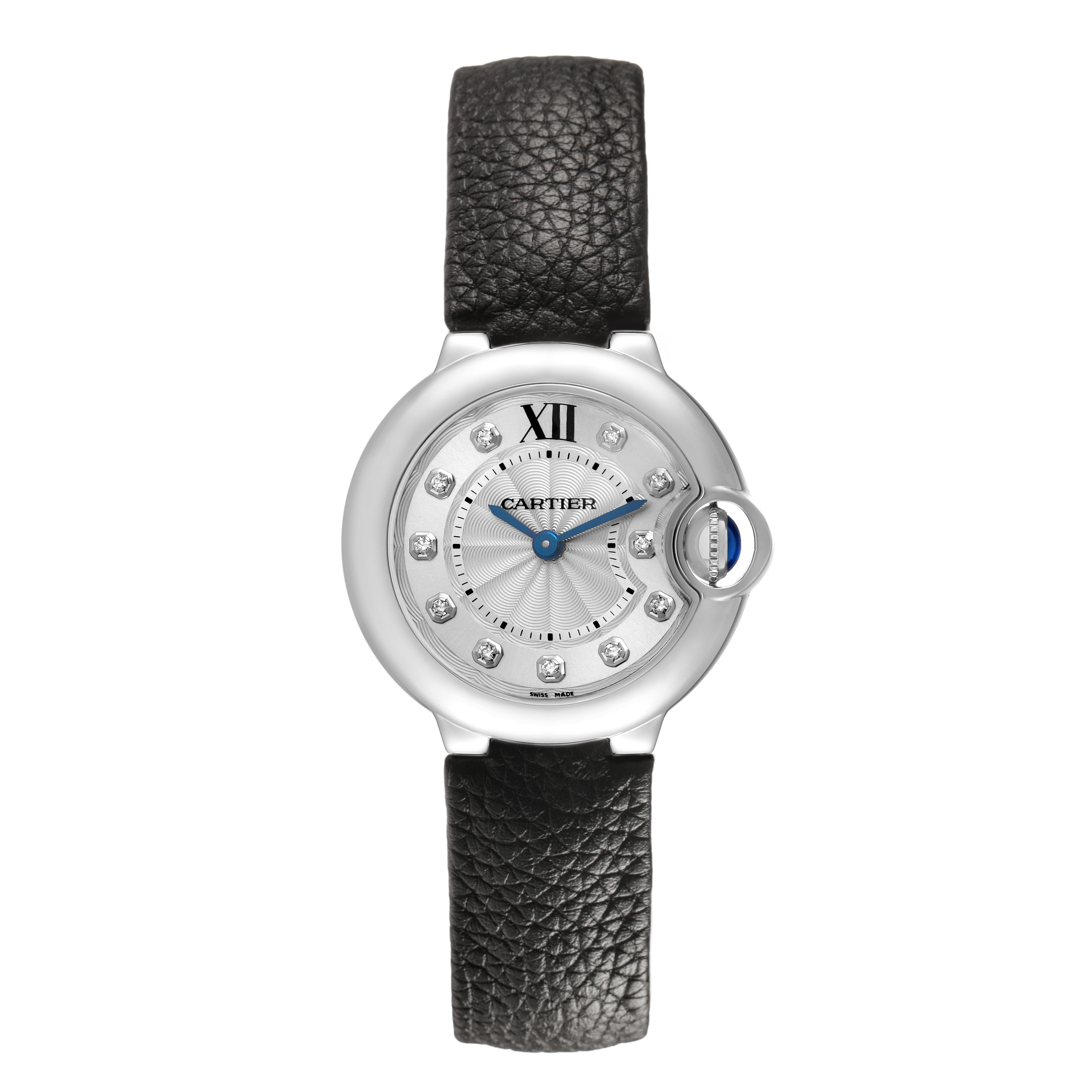 The Cartier Ballon Bleu W4BB0008 Women's Stainless Steel Silver Dial watch is shown from a top-down angle, displaying its dial and leather strap.