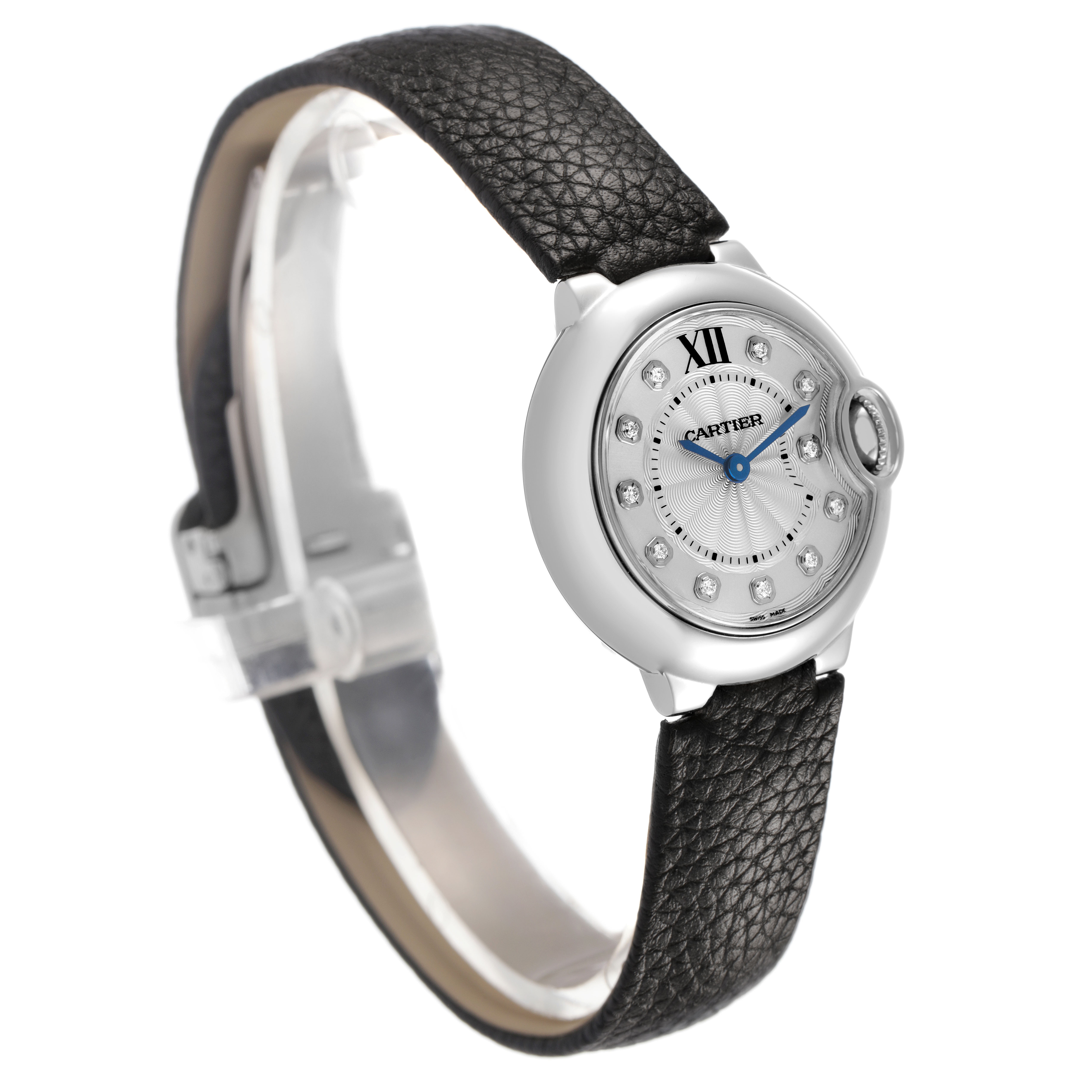 The Cartier Ballon Bleu W4BB0008 Women's Stainless Steel Silver Dial watch is shown at a side angle, highlighting its round case, leather strap, and blue hands.