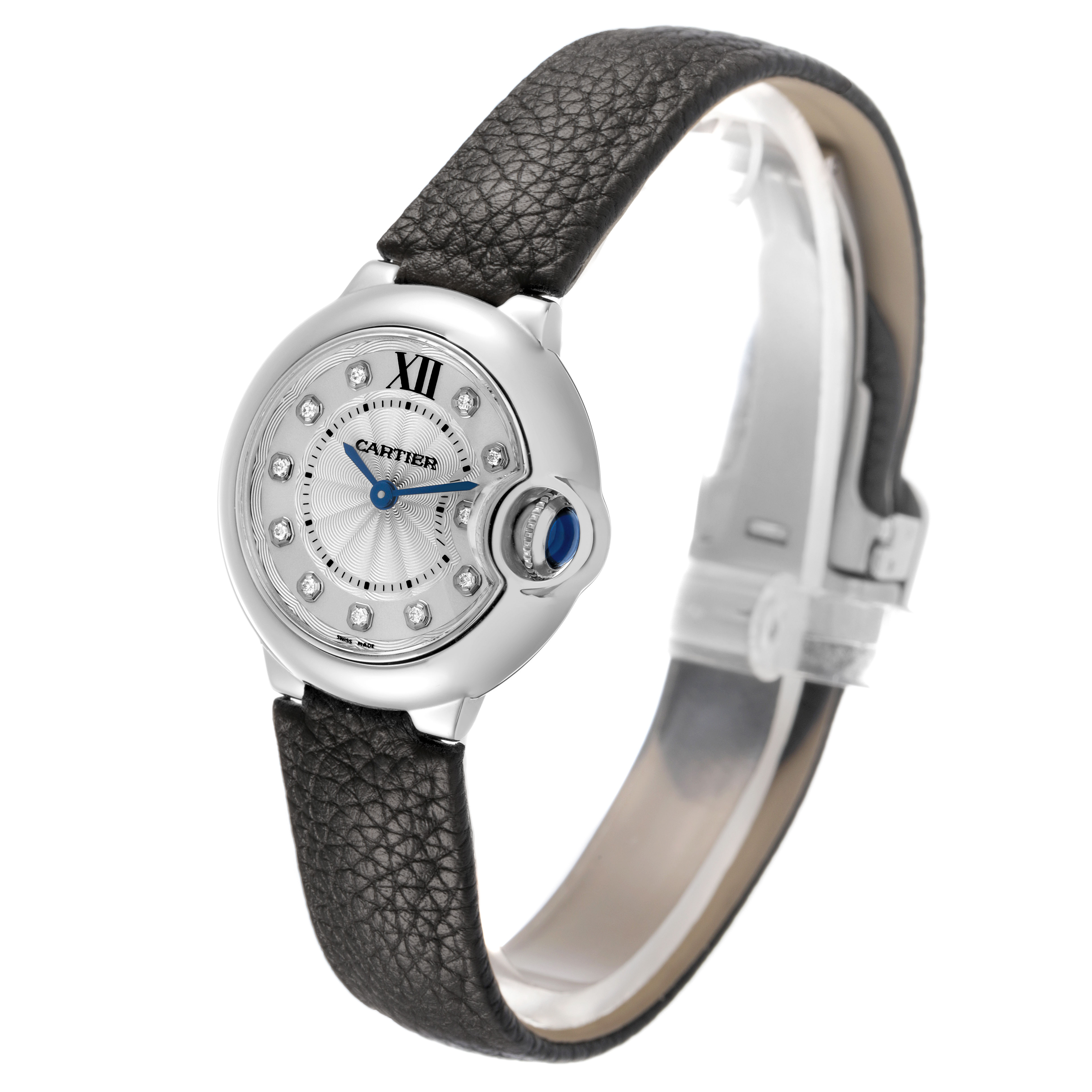 The Cartier Ballon Bleu W4BB0008 Women's Stainless Steel Silver Dial watch is shown at a slight angle, highlighting the face, crown, and leather strap.