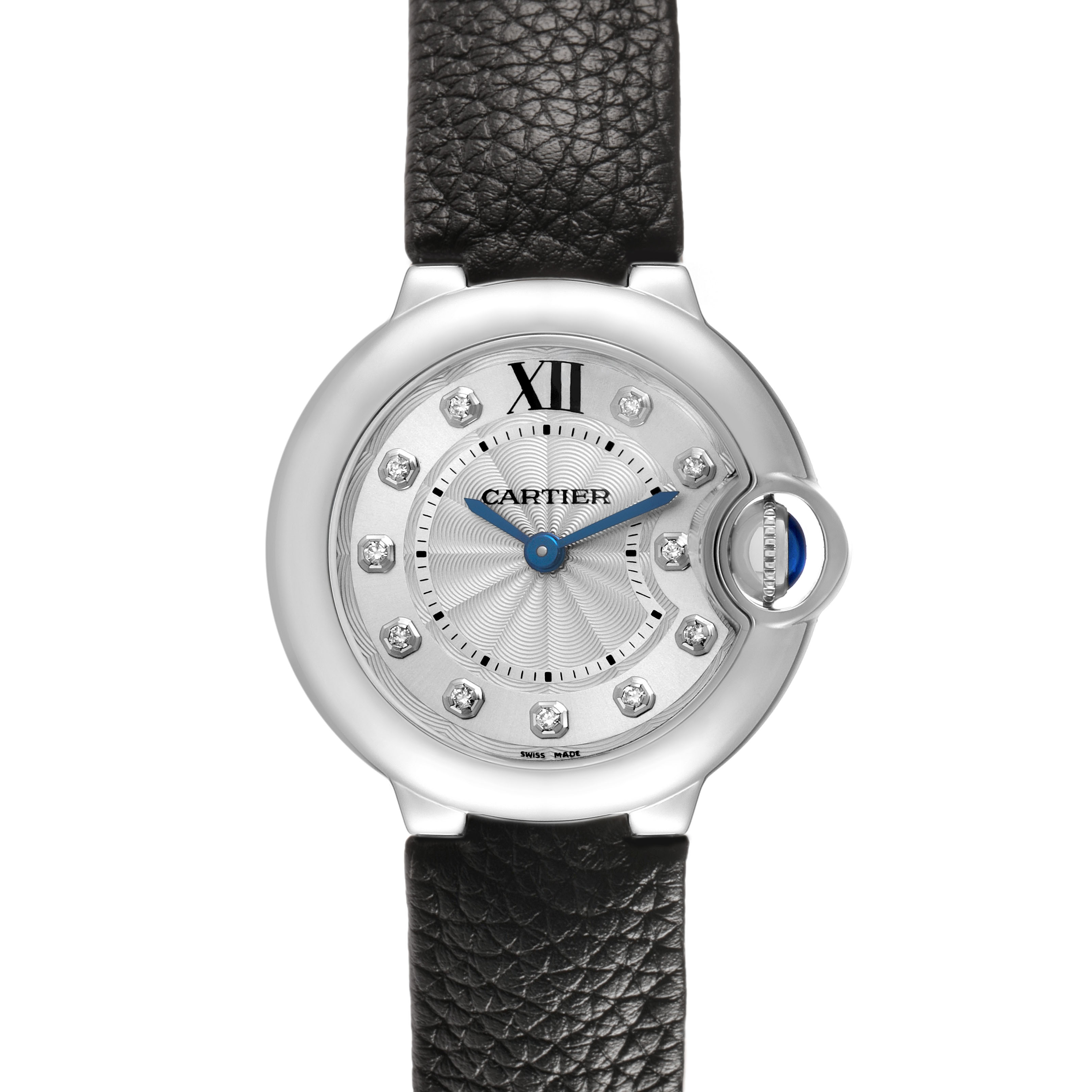 The image shows a Cartier Ballon Bleu W4BB0008 Women's Stainless Steel Silver Dial watch, front view, featuring a round case, Roman numeral XII, blue hands, and diamond hour markers.