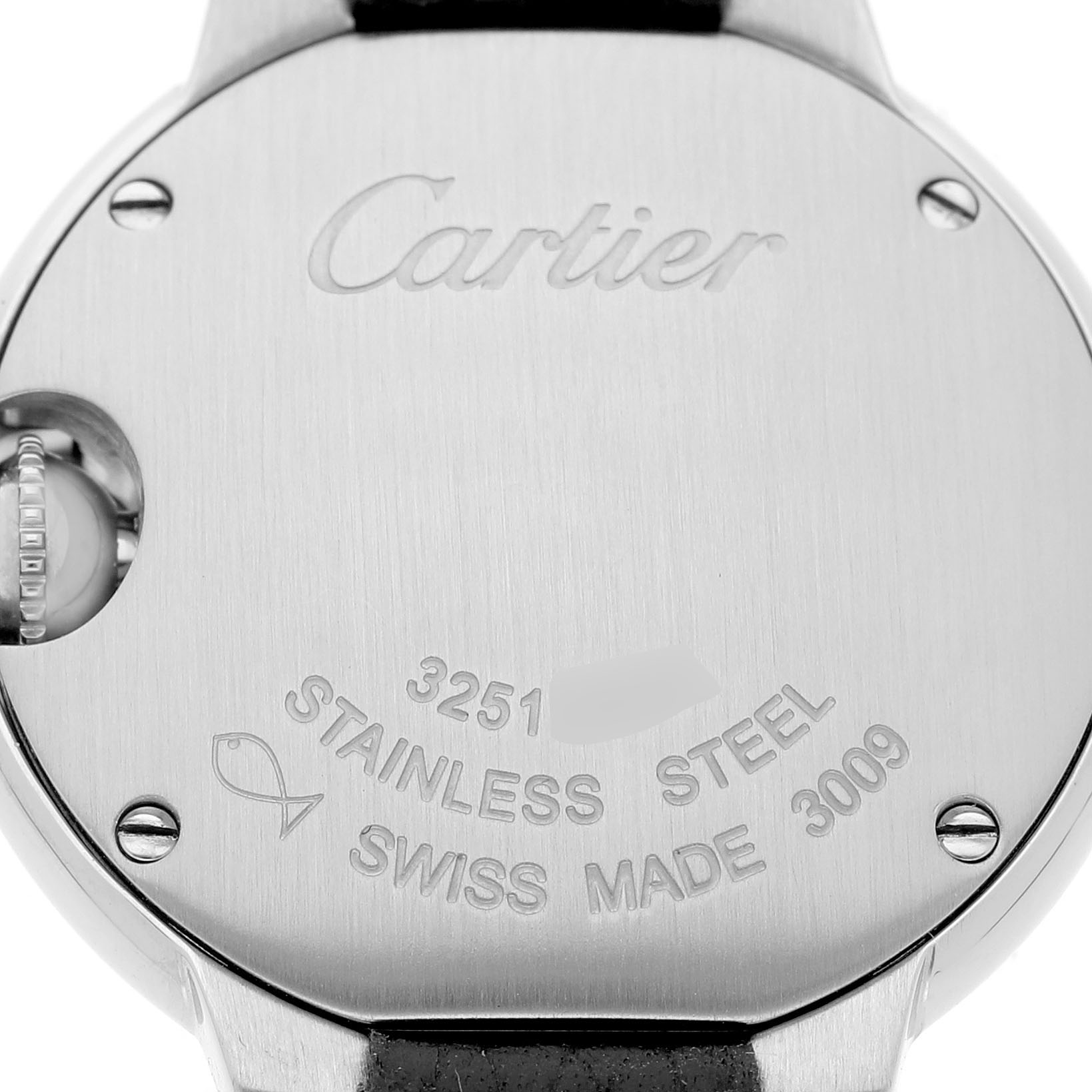 The image shows the back of the Cartier Ballon Bleu W4BB0008 Women's Stainless Steel Silver Dial watch, displaying the brand logo, model details, and serial information.