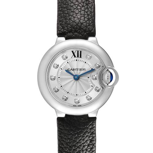 This image shows a frontal view of the Cartier Ballon Bleu W4BB0008 Women's Stainless Steel Silver Dial watch, highlighting the face, crown, and leather strap.