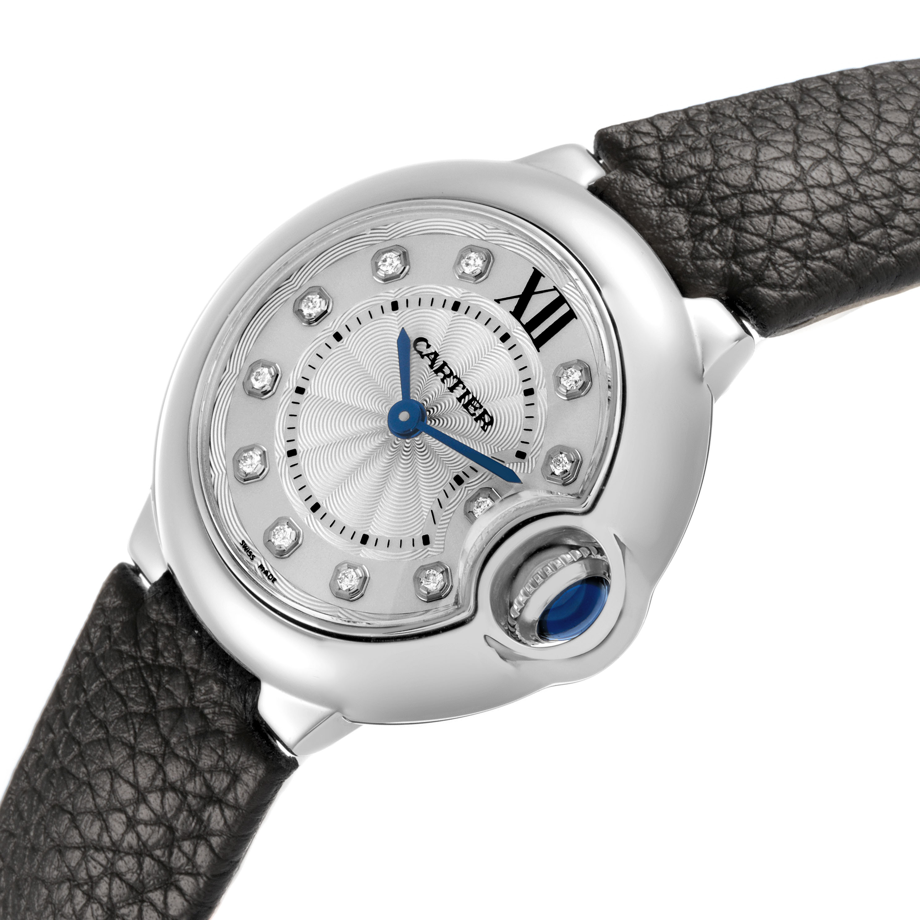 The Cartier Ballon Bleu W4BB0008 Women's Stainless Steel Silver Dial watch is shown at an angled view focusing on the dial, crown, and part of the leather strap.