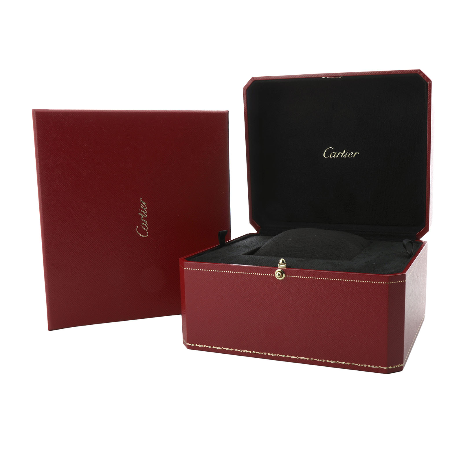 This image shows a Cartier Ballon Bleu W4BB0008 Women's Stainless Steel Silver Dial watch box and cover in a rich red color with gold details.