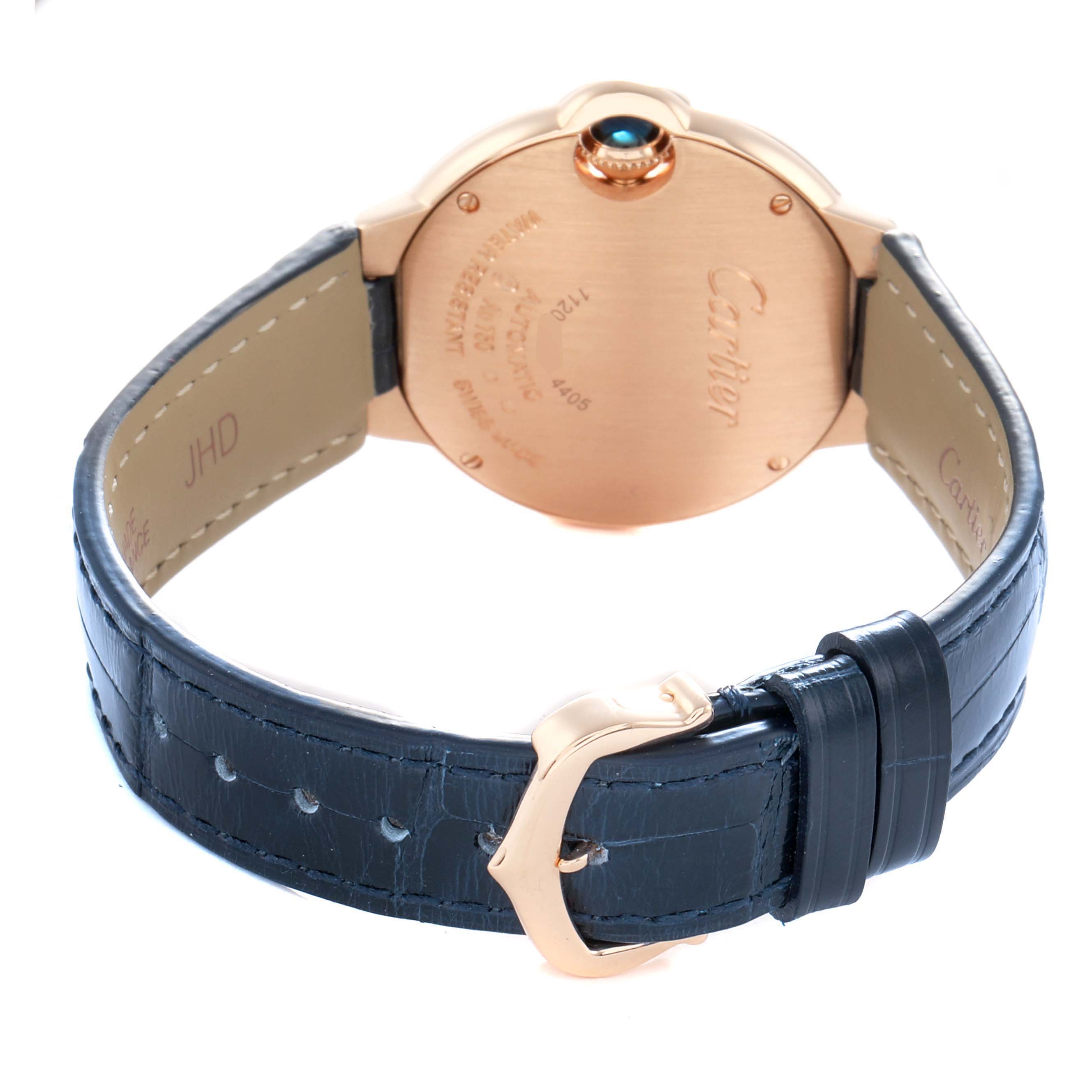 The image shows the back and side of a Cartier Ballon Bleu WGBB0052 Men
s Rose Gold Silver Dial watch, highlighting the case back, crown, and leather strap.