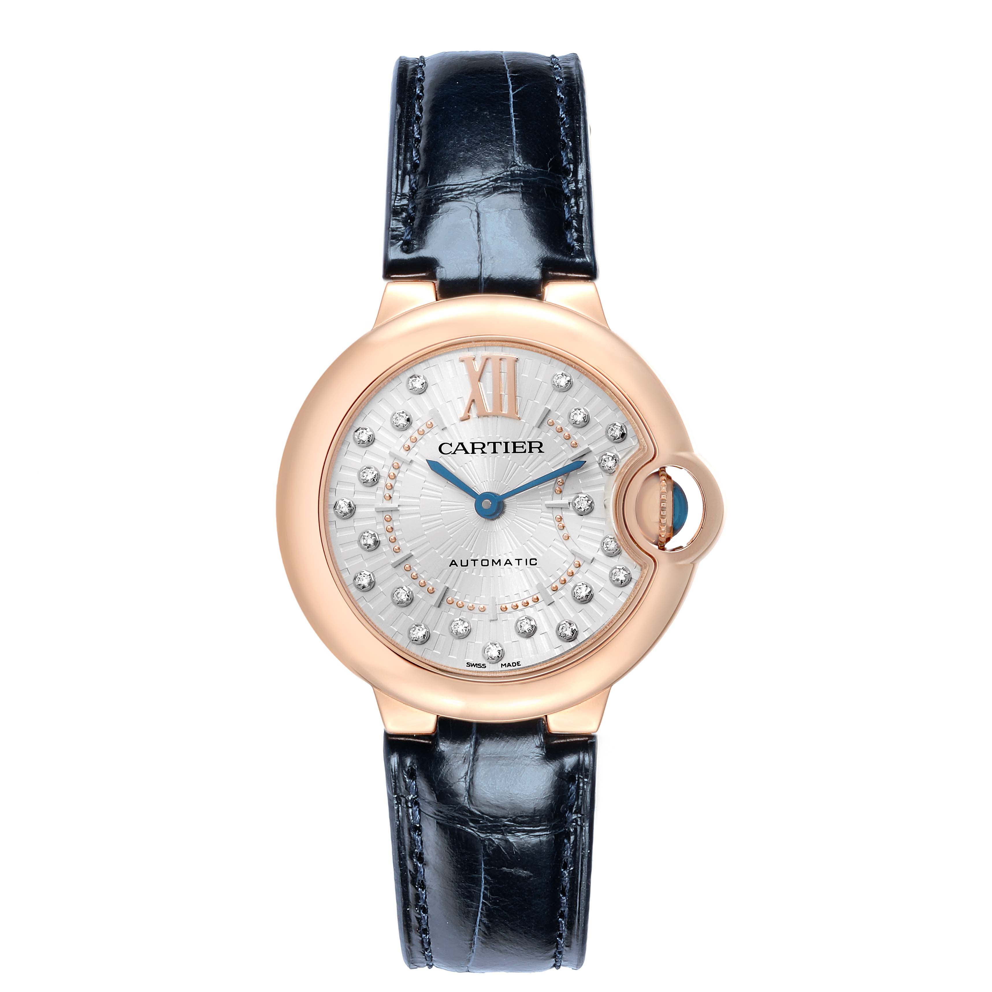 The Cartier Ballon Bleu WGBB0052 Men
s Rose Gold Silver Dial watch is shown from a front angle, displaying the face, dial, and strap.