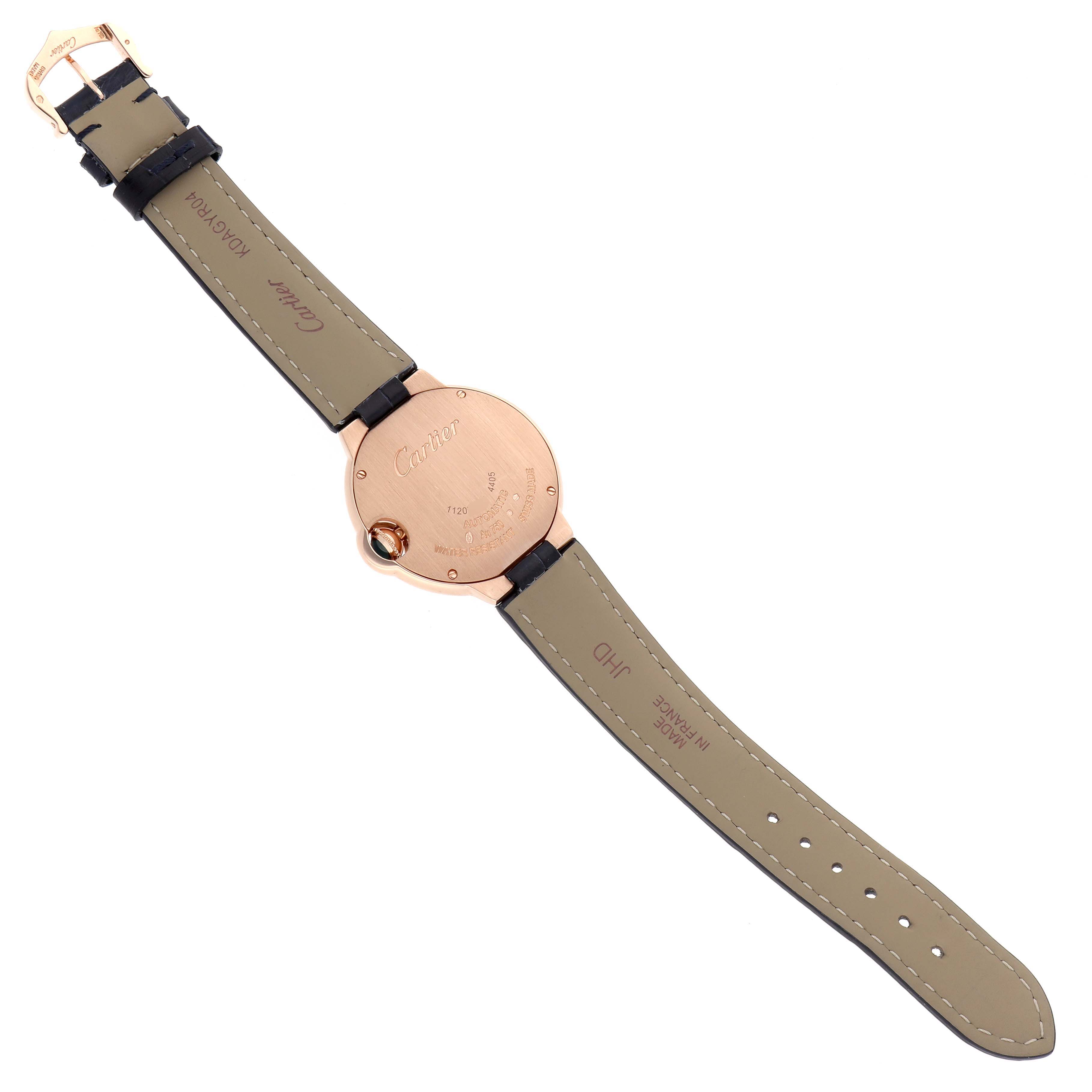 The image shows the back of the Cartier Ballon Bleu WGBB0052 Men
s Rose Gold Silver Dial watch, highlighting the case and leather strap.