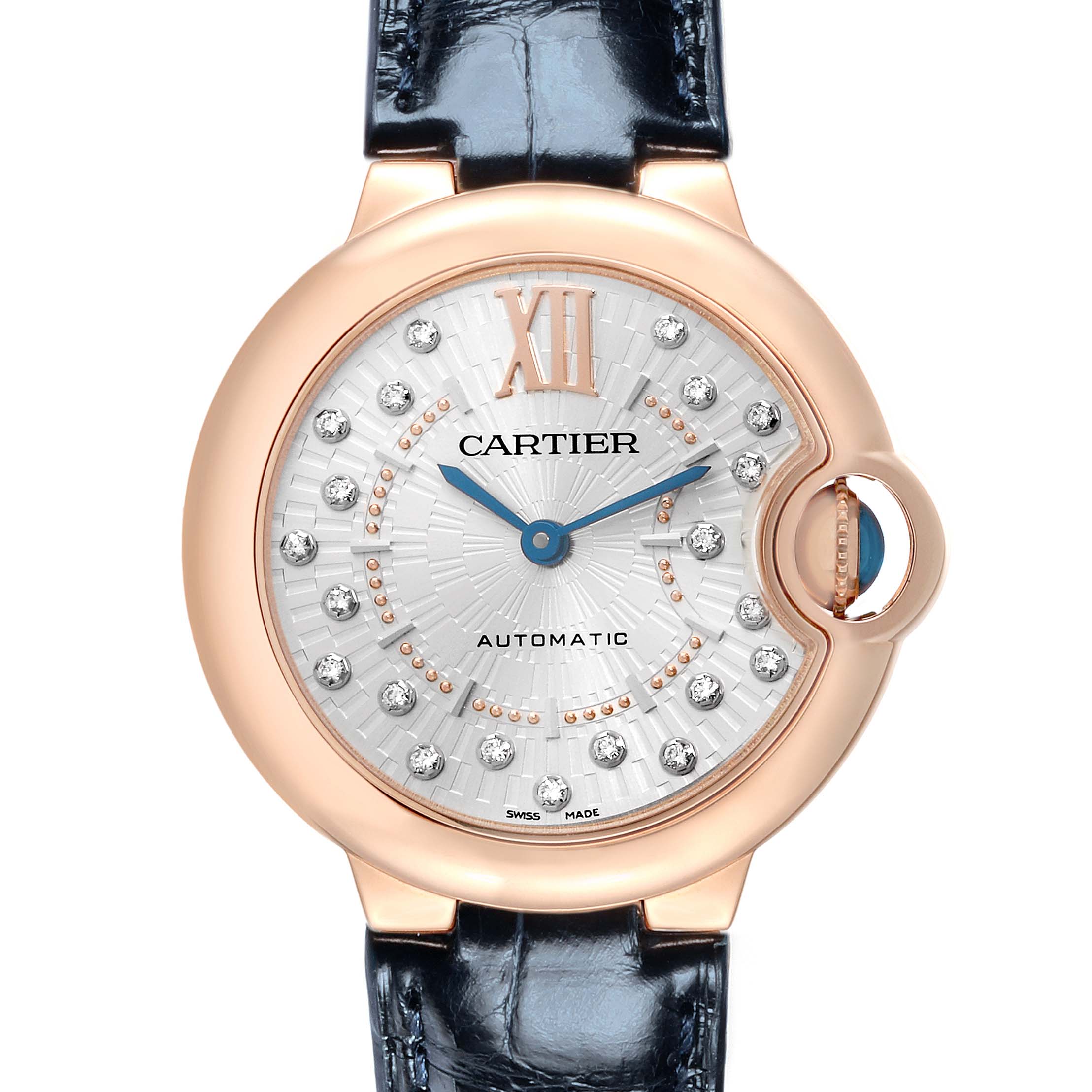 The Cartier Ballon Bleu WGBB0052 Men
s Rose Gold Silver Dial watch is shown from a front angle, highlighting its face, bezel, crown, and strap.