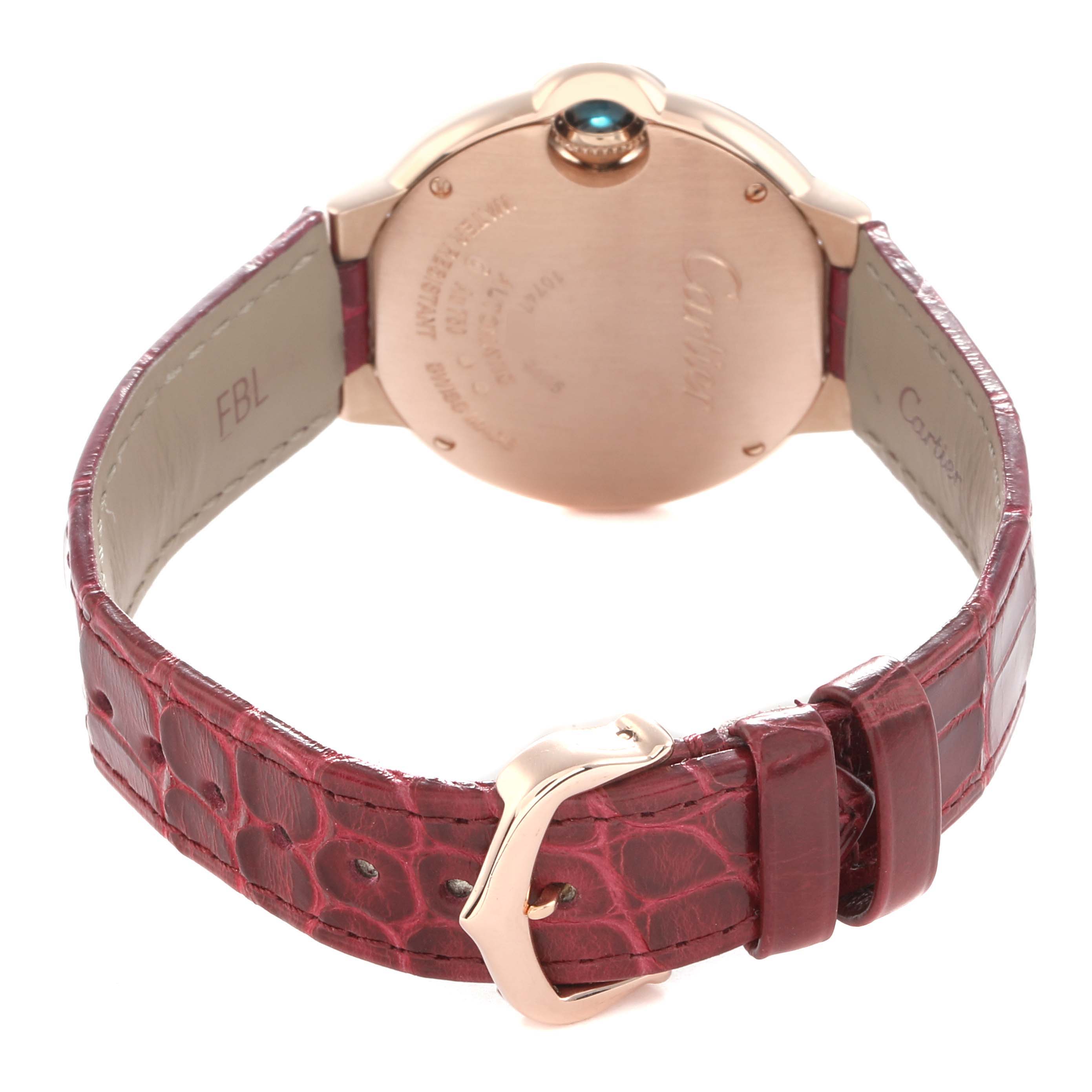 The image shows the back of a Cartier Ballon Bleu WJBB0080 Women
s Rose Gold Silver Dial watch, highlighting the case back, strap, and buckle.